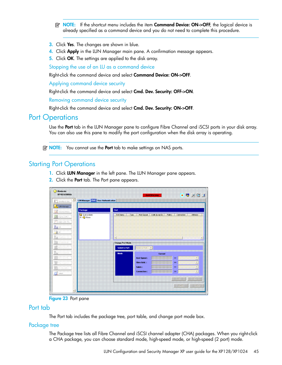 Stopping the use of an lu as a command device, Applying command device security, Removing command device security | Port operations, Starting port operations, Figure 23 port pane, Port tab, Package tree, 23 port pane, Starting port | HP StorageWorks XP Remote Web Console Software User Manual | Page 45 / 98