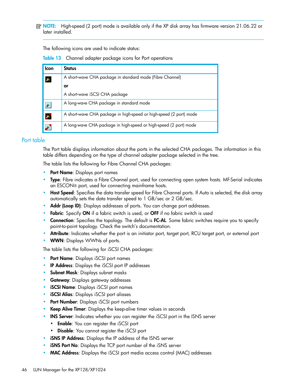 Port table | HP StorageWorks XP Remote Web Console Software User Manual | Page 46 / 98