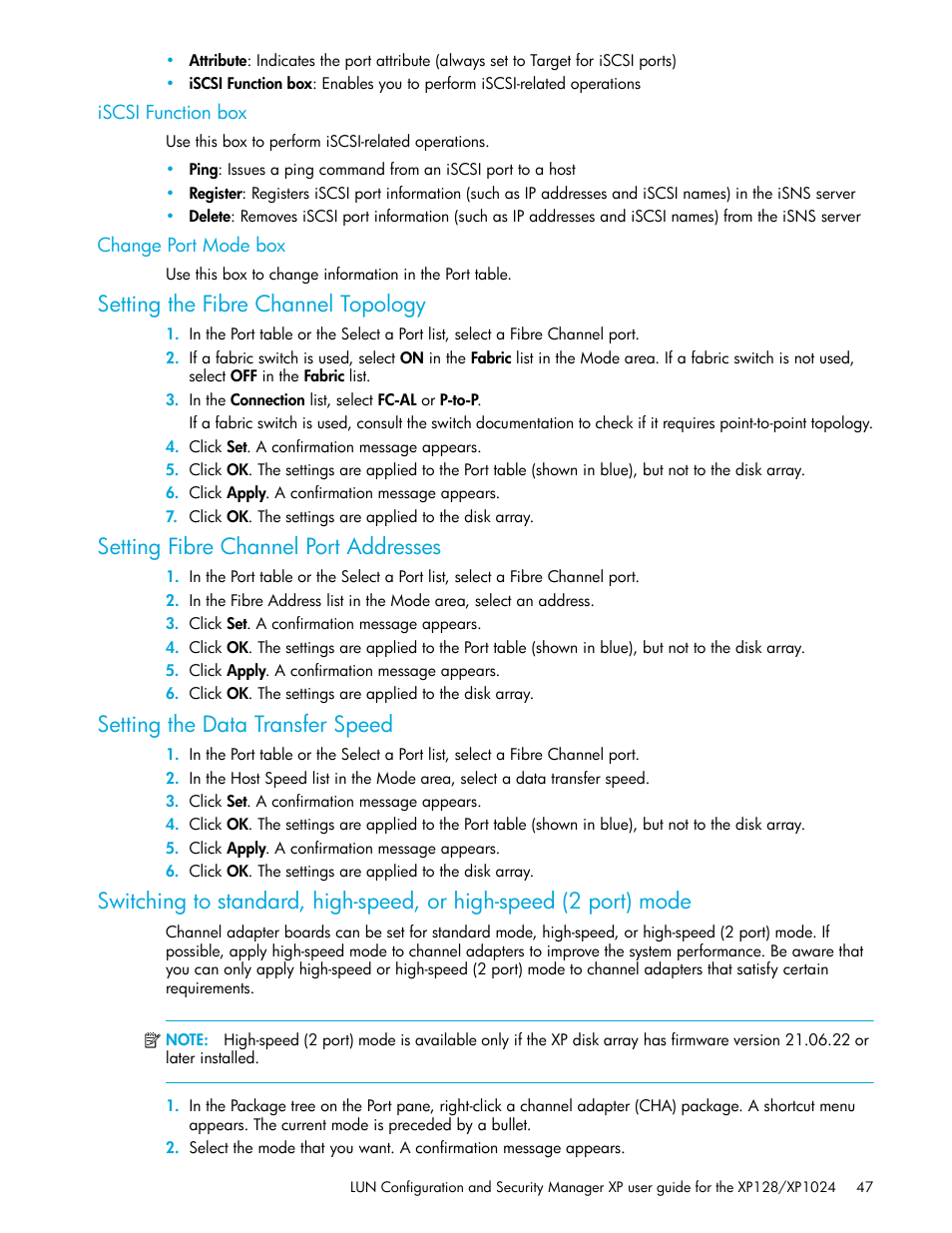 Iscsi function box, Change port mode box, Setting the fibre channel topology | Setting fibre channel port addresses, Setting the data transfer speed | HP StorageWorks XP Remote Web Console Software User Manual | Page 47 / 98