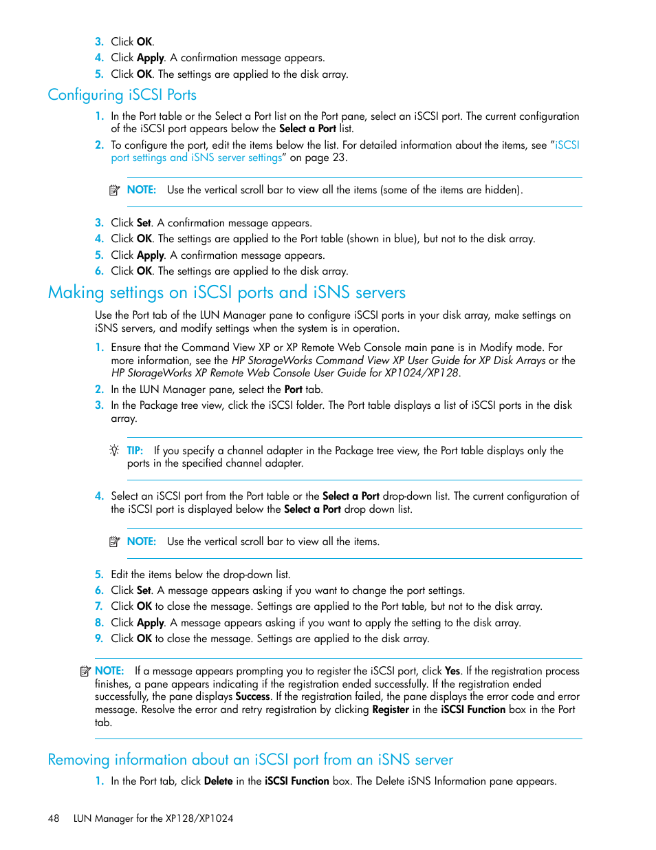 Configuring iscsi ports, Making settings on iscsi ports and isns servers | HP StorageWorks XP Remote Web Console Software User Manual | Page 48 / 98