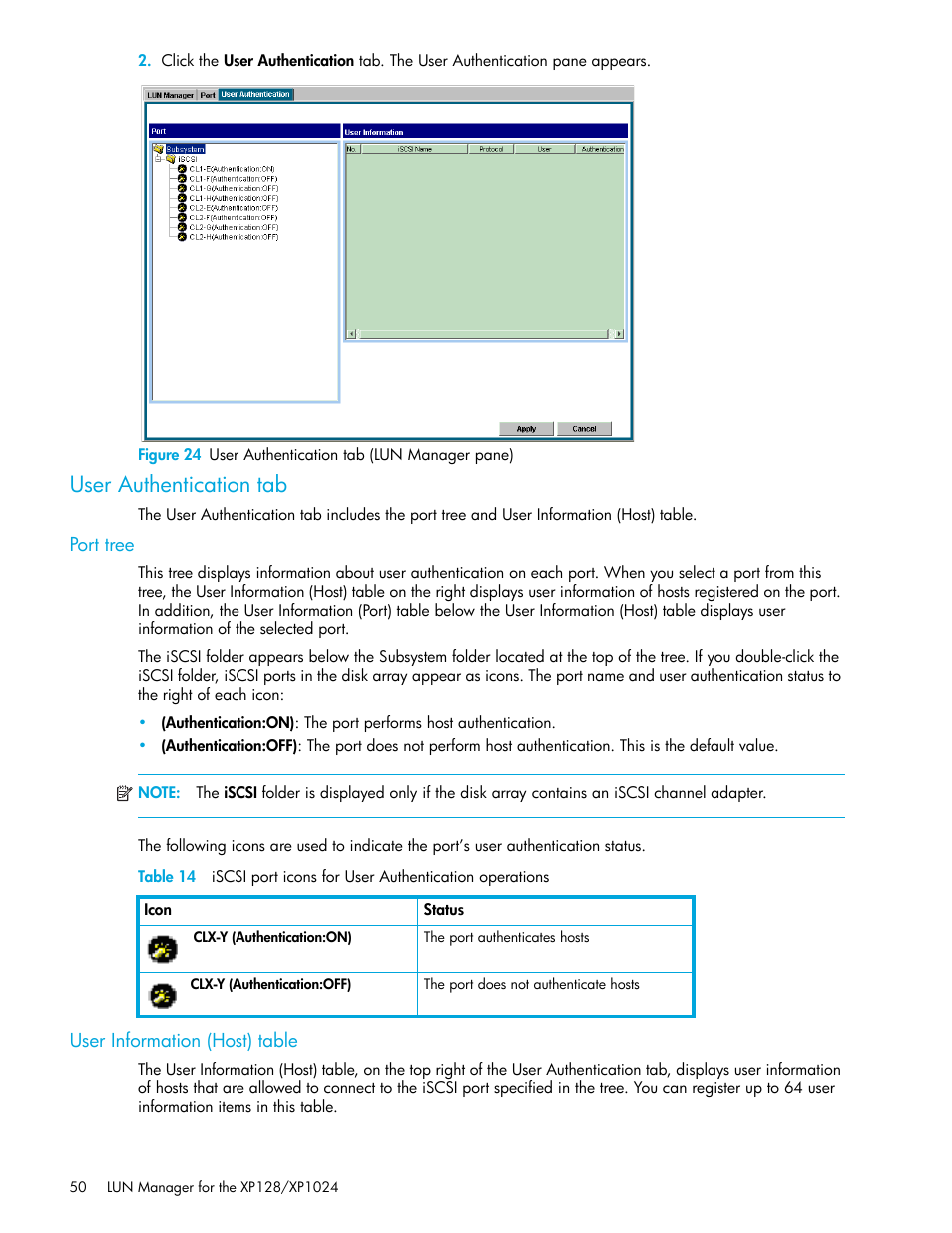 User authentication tab, Port tree, User information (host) table | 24 user authentication tab (lun manager pane) | HP StorageWorks XP Remote Web Console Software User Manual | Page 50 / 98