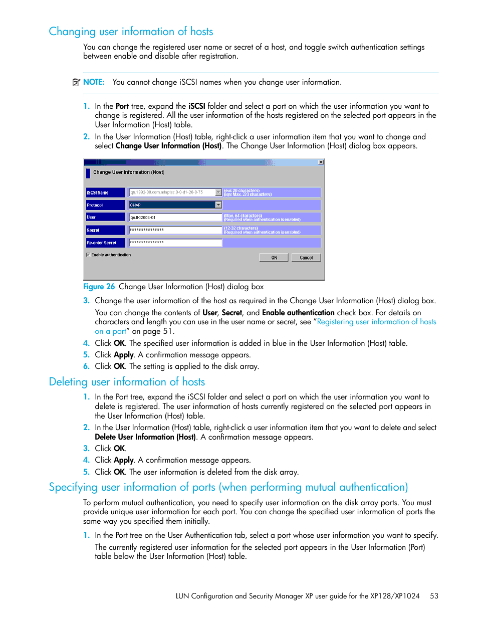 Changing user information of hosts, Deleting user information of hosts, 26 change user information (host) dialog box | Specifying user information of ports (when, Performing mutual authentication) | HP StorageWorks XP Remote Web Console Software User Manual | Page 53 / 98