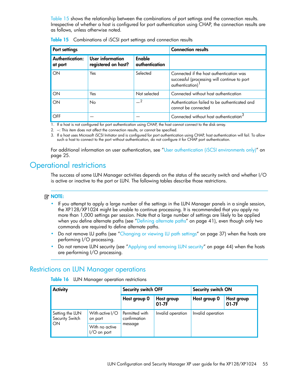 Operational restrictions, Restrictions on lun manager operations, Table 16 lun manager operation restrictions | 16 lun manager operation restrictions | HP StorageWorks XP Remote Web Console Software User Manual | Page 55 / 98