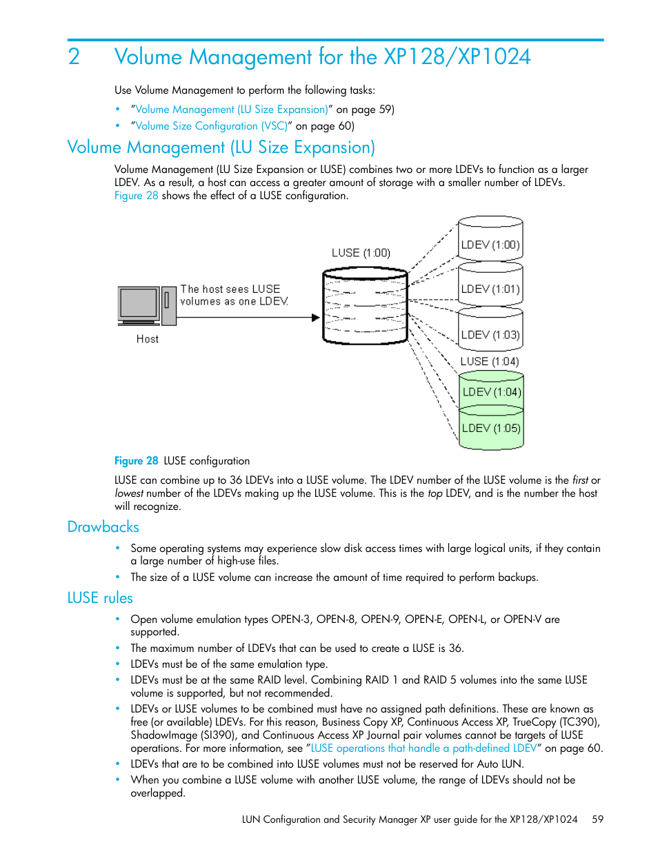 Volume management for the xp128/xp1024, Volume management (lu size expansion), Figure 28 luse configuration | Drawbacks, Luse rules, 2 volume management for the xp128/xp1024, 28 luse configuration | HP StorageWorks XP Remote Web Console Software User Manual | Page 59 / 98