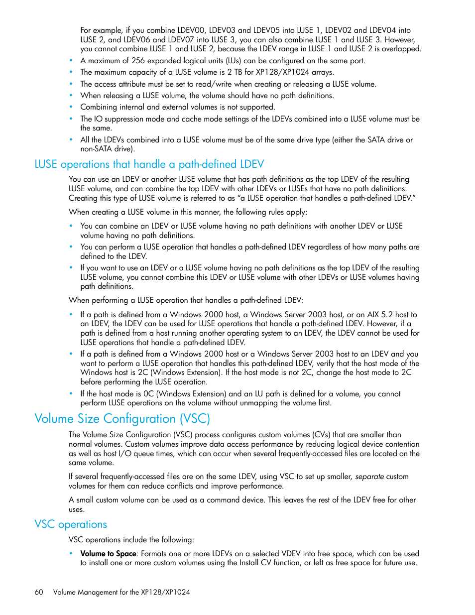 Luse operations that handle a path-defined ldev, Volume size configuration (vsc), Vsc operations | HP StorageWorks XP Remote Web Console Software User Manual | Page 60 / 98