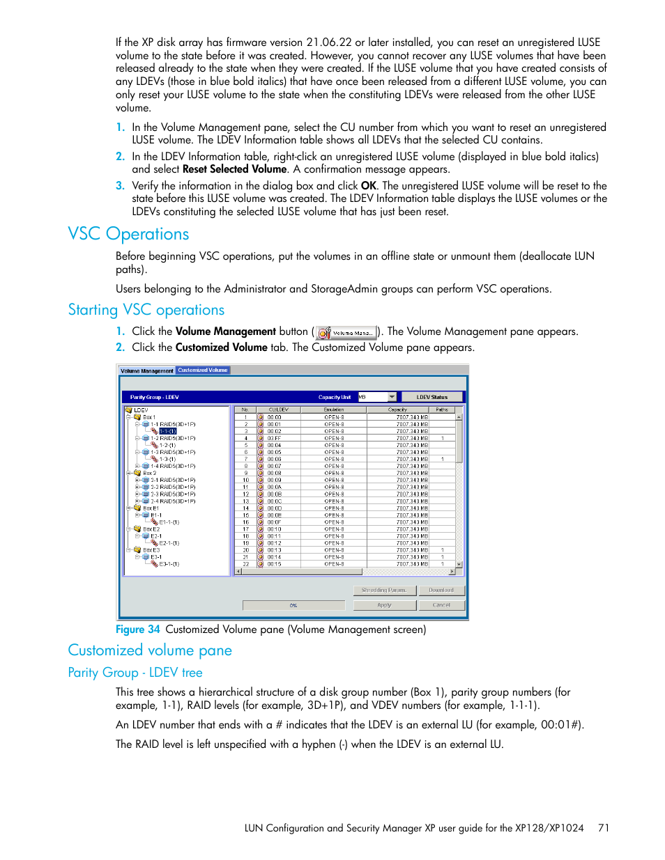 Vsc operations, Starting vsc operations, Customized volume pane | Parity group - ldev tree | HP StorageWorks XP Remote Web Console Software User Manual | Page 71 / 98