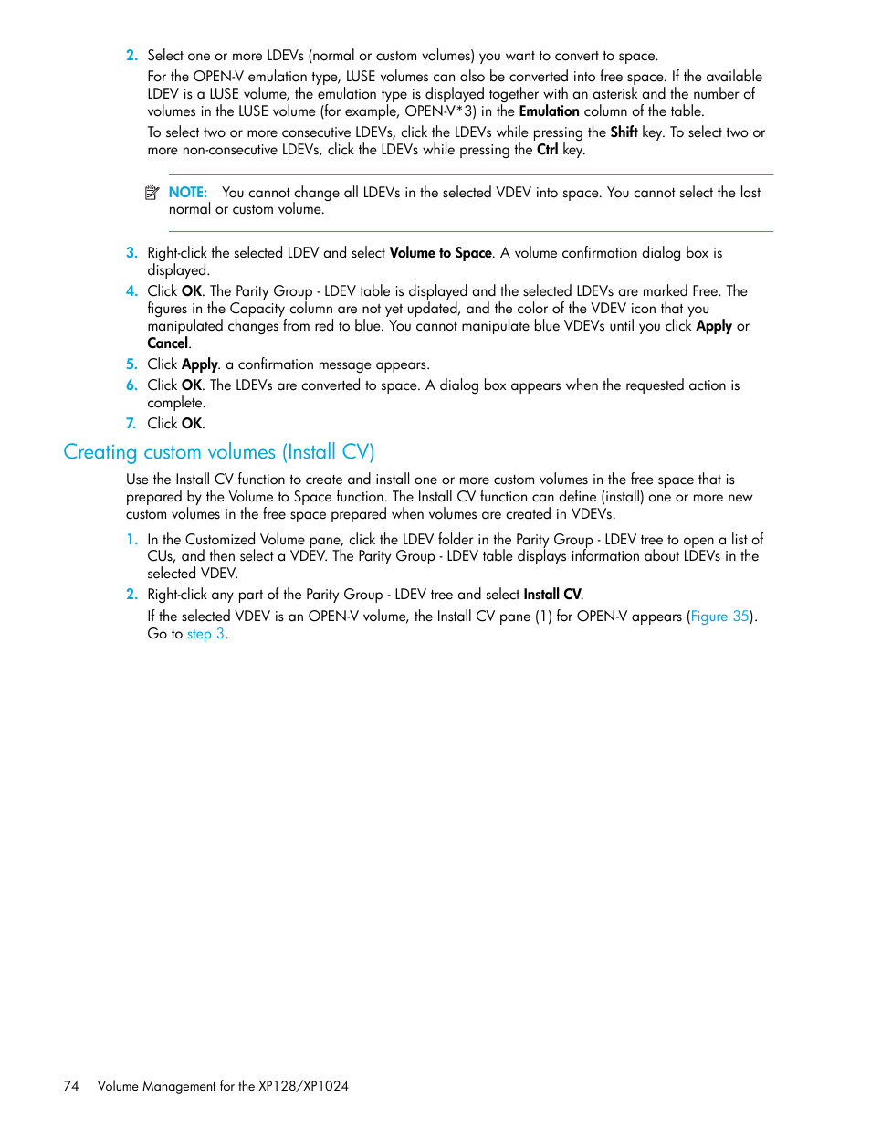 Creating custom volumes (install cv) | HP StorageWorks XP Remote Web Console Software User Manual | Page 74 / 98