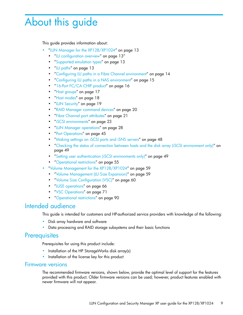 Intended audience, Prerequisites, Firmware versions | About this guide | HP StorageWorks XP Remote Web Console Software User Manual | Page 9 / 98