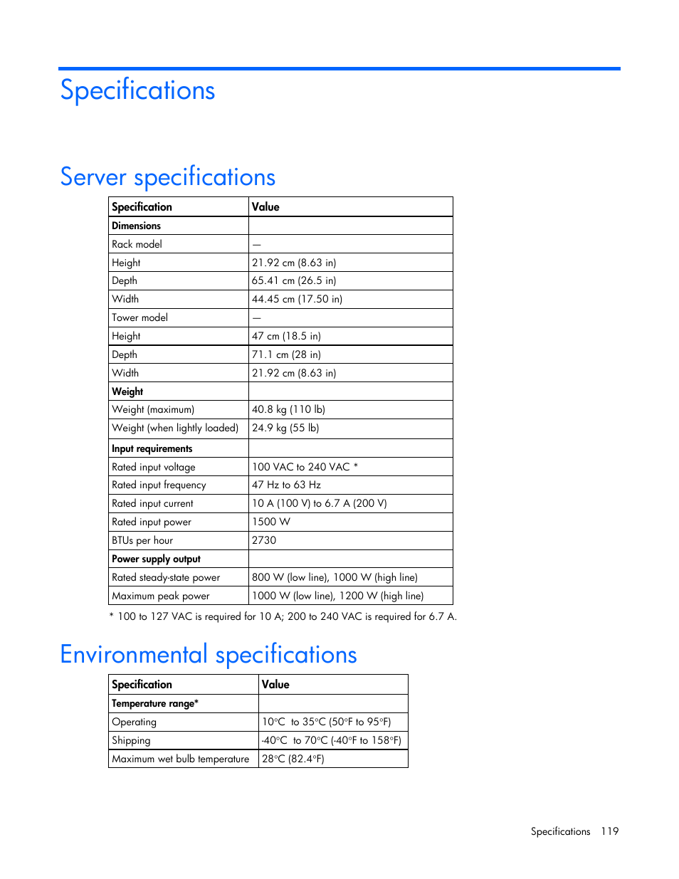 Specifications, Server specifications, Environmental specifications | HP ProLiant ML370 G5 Server User Manual | Page 119 / 135