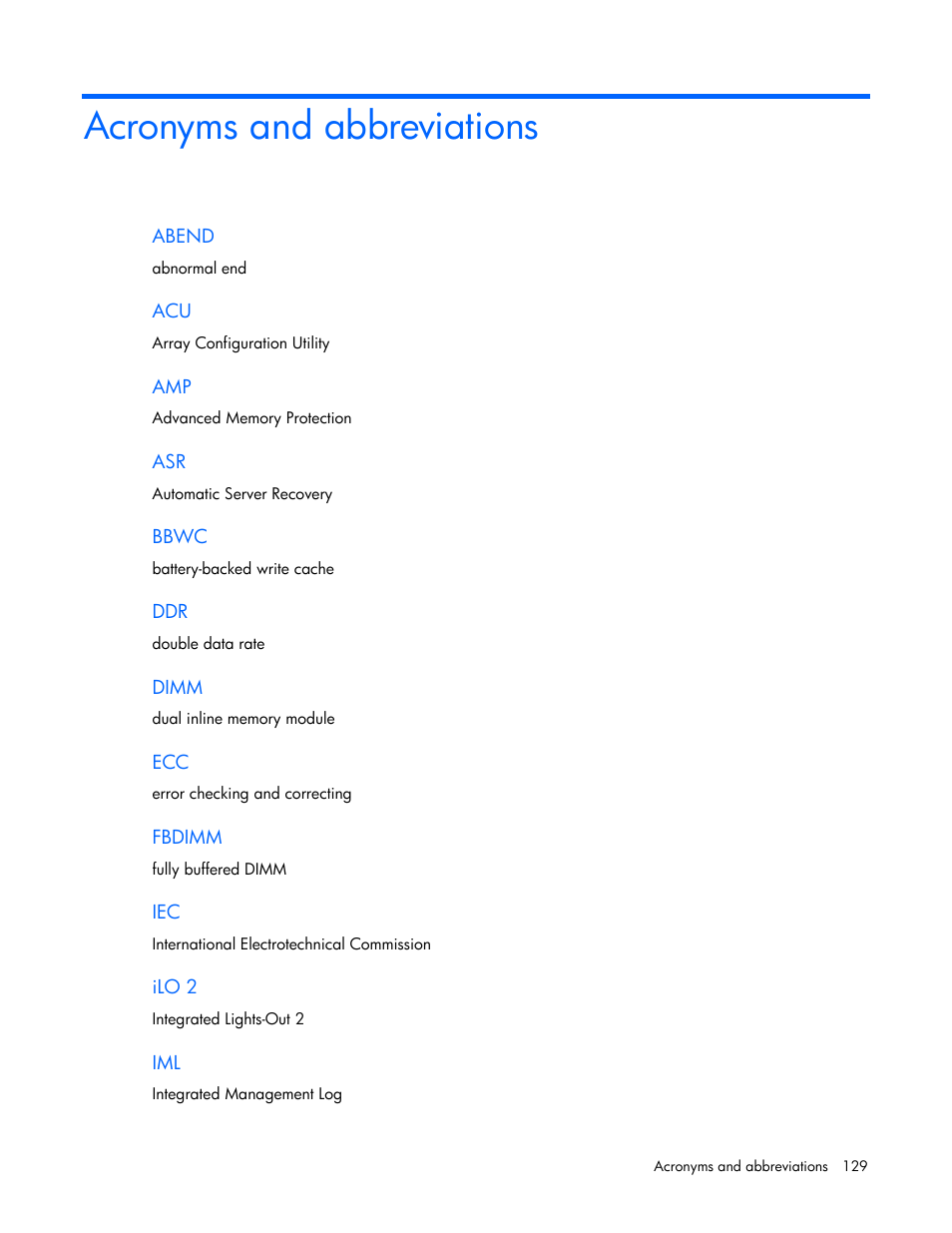 Acronyms and abbreviations | HP ProLiant ML370 G5 Server User Manual | Page 129 / 135