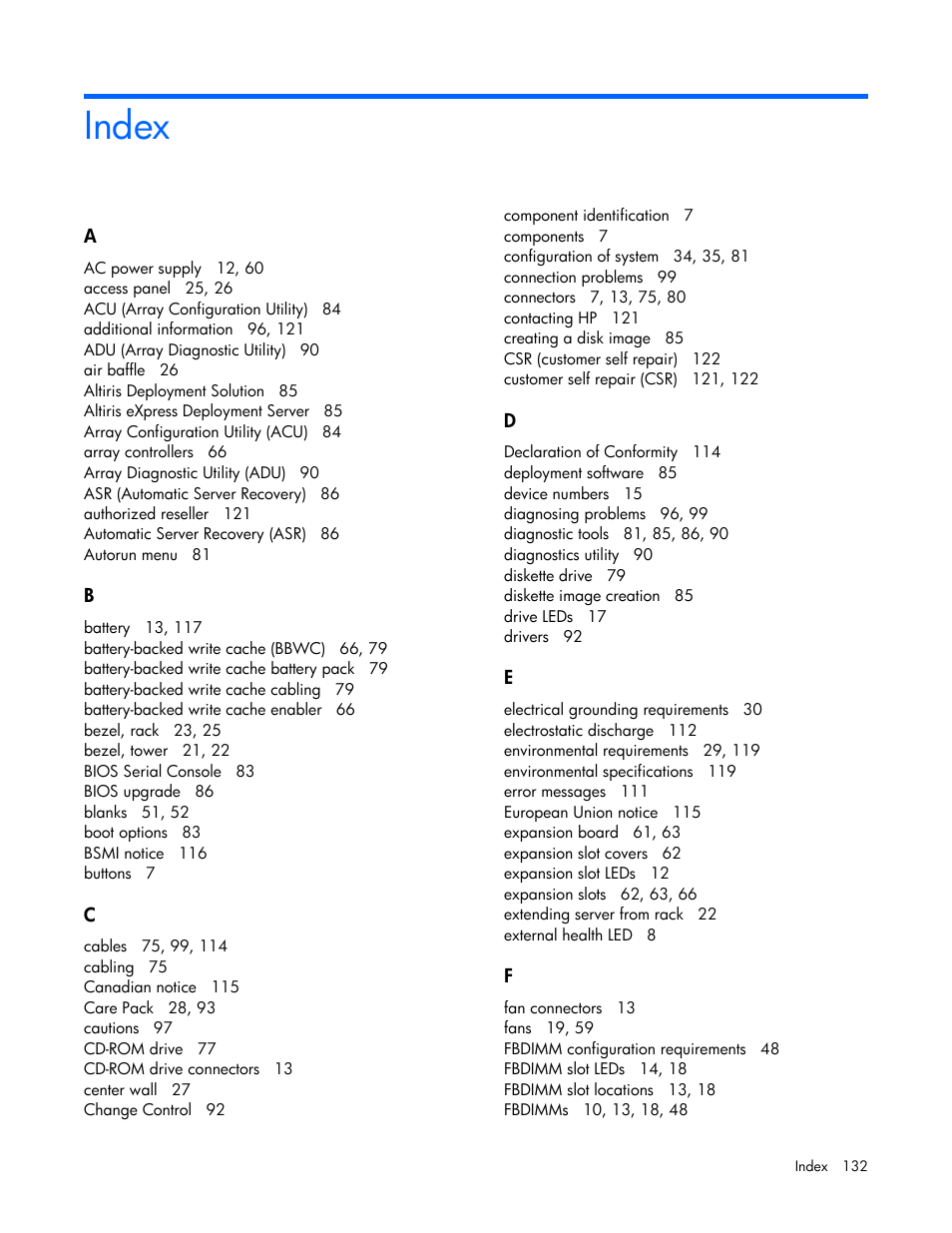 Index | HP ProLiant ML370 G5 Server User Manual | Page 132 / 135