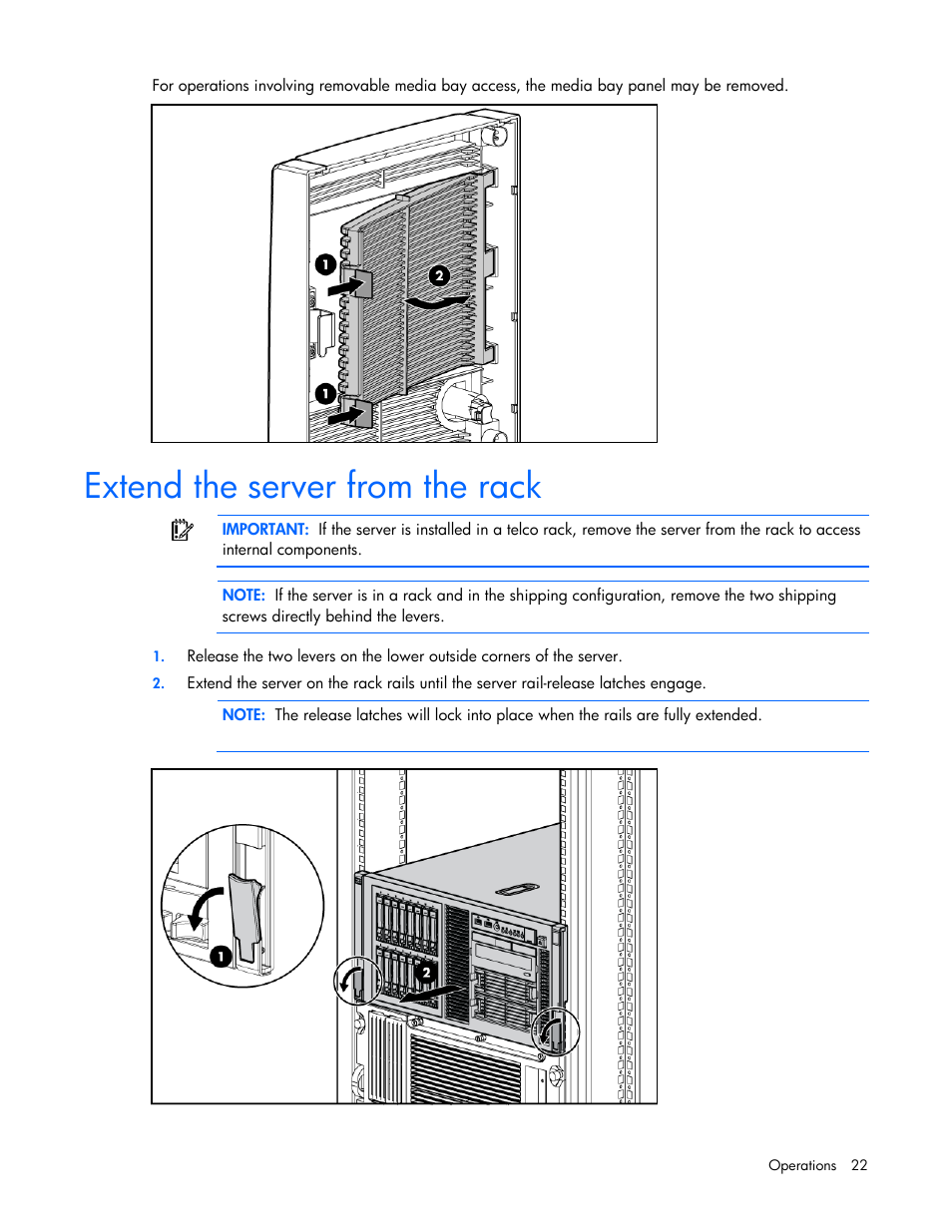 Extend the server from the rack | HP ProLiant ML370 G5 Server User Manual | Page 22 / 135