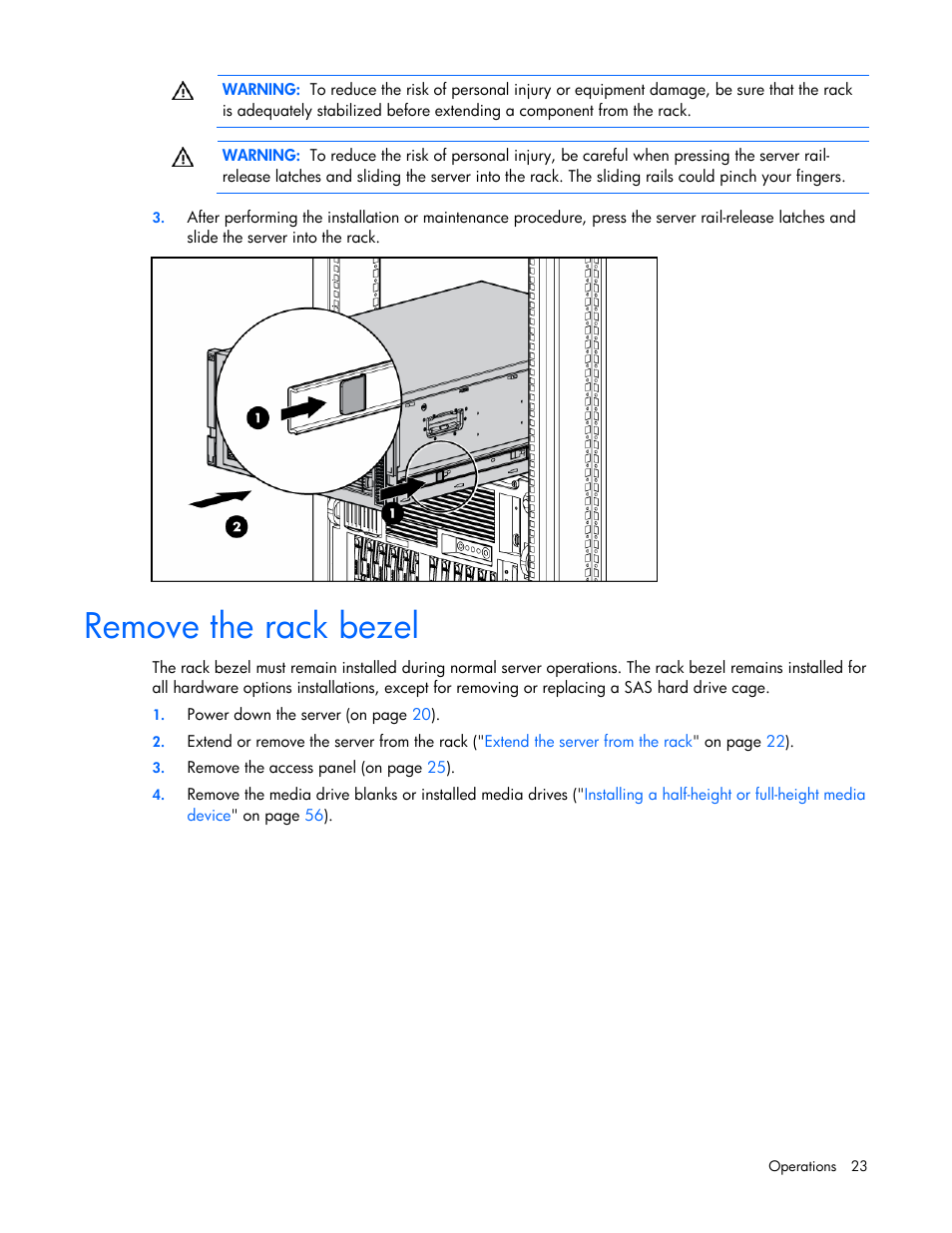 Remove the rack bezel | HP ProLiant ML370 G5 Server User Manual | Page 23 / 135