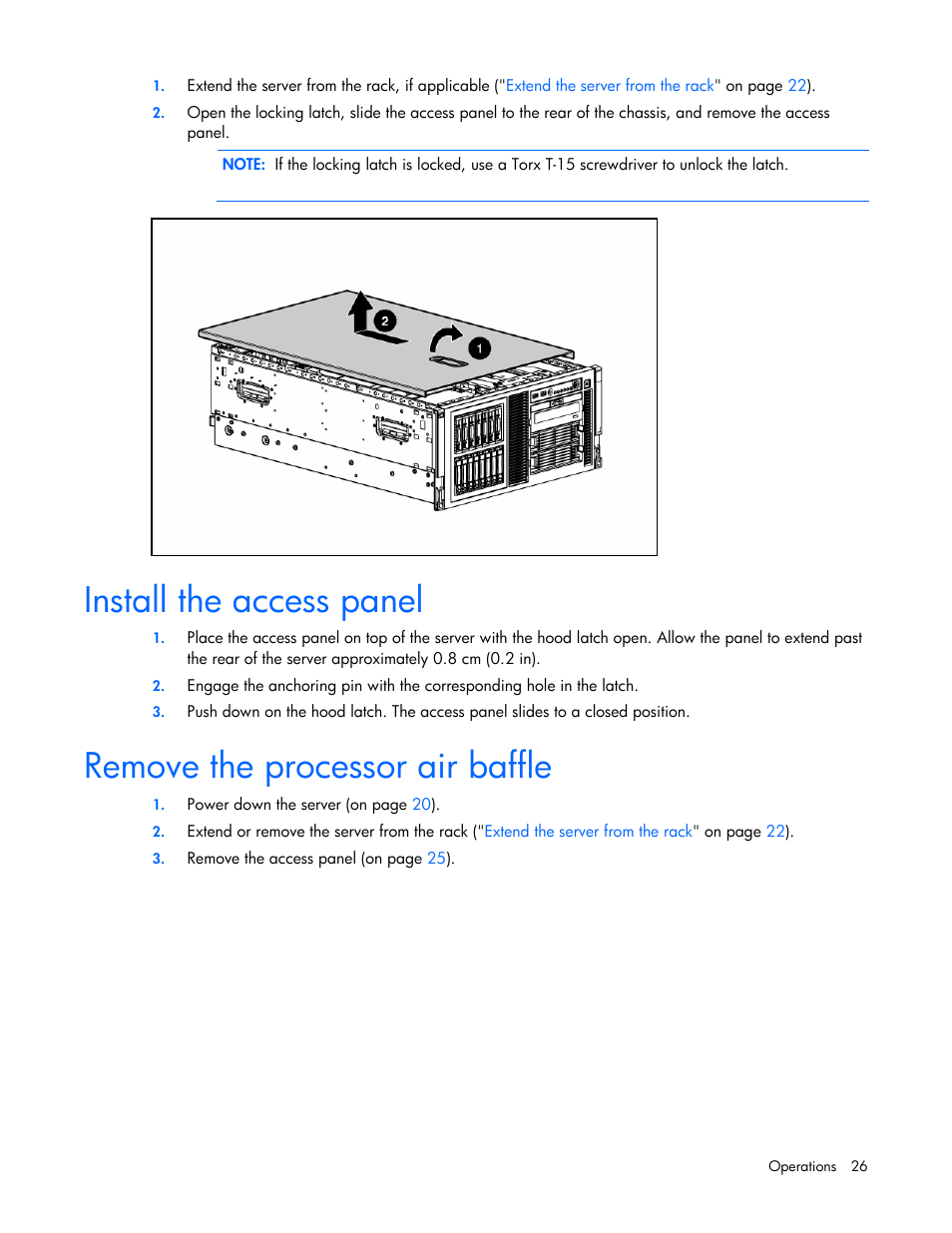 Install the access panel, Remove the processor air baffle | HP ProLiant ML370 G5 Server User Manual | Page 26 / 135