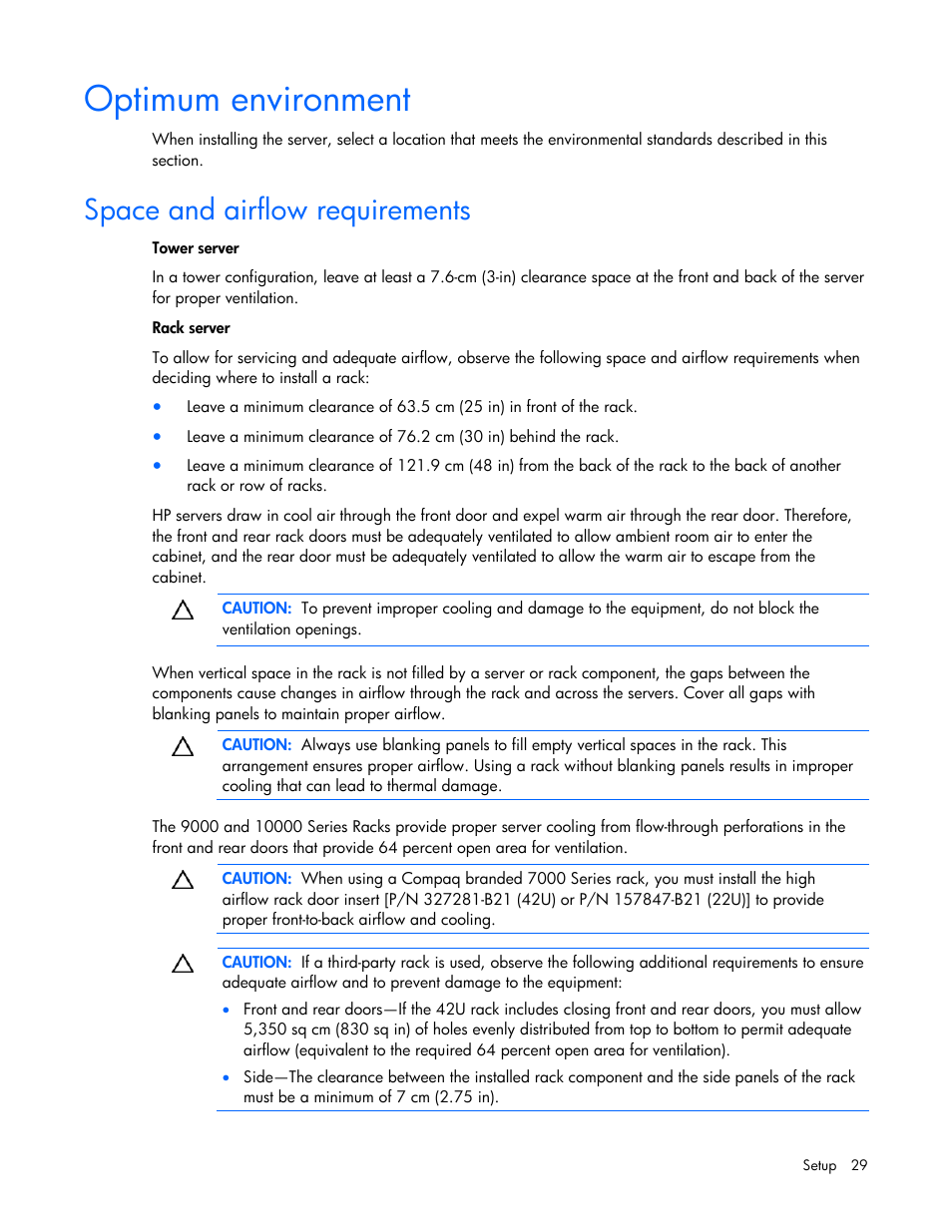 Optimum environment, Space and airflow requirements | HP ProLiant ML370 G5 Server User Manual | Page 29 / 135