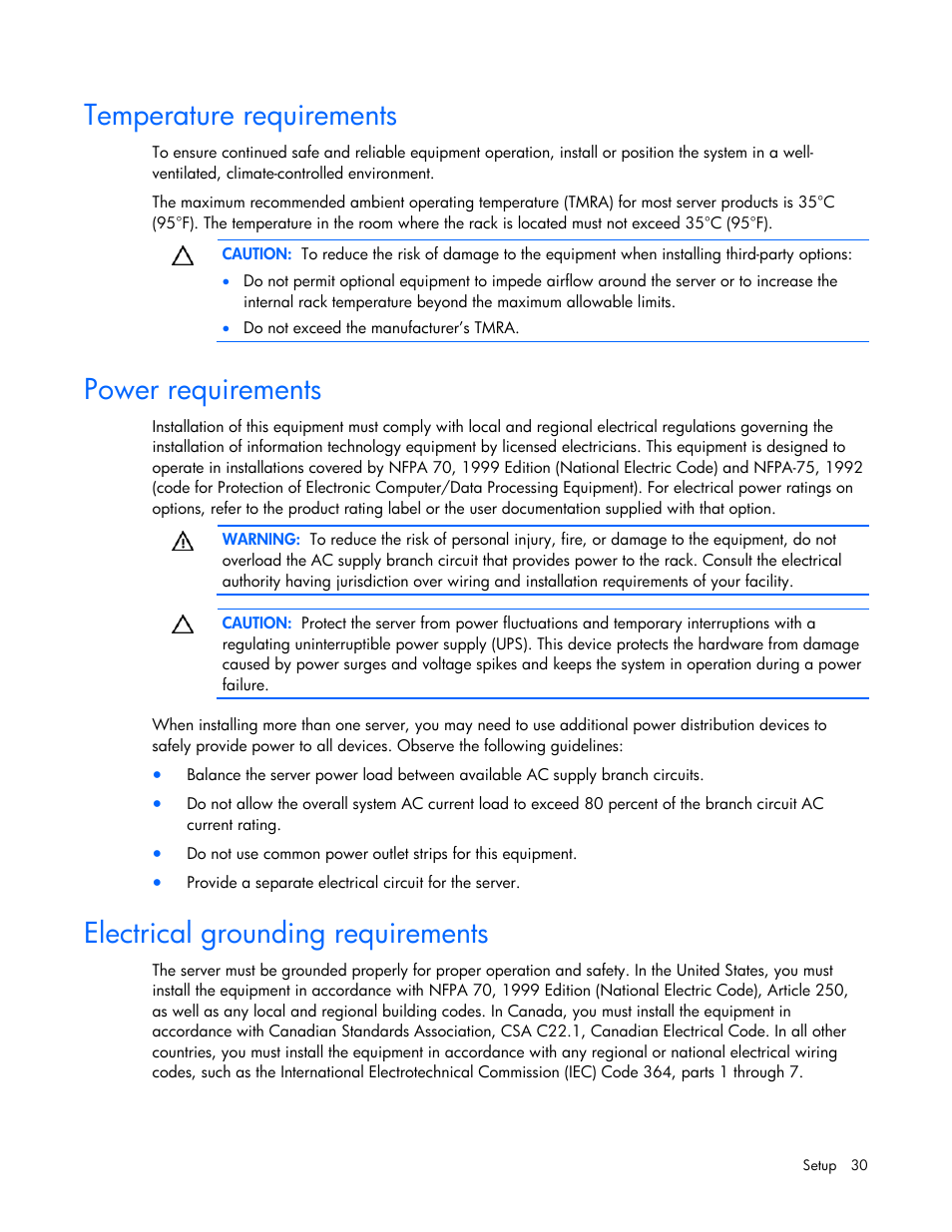 Temperature requirements, Power requirements, Electrical grounding requirements | HP ProLiant ML370 G5 Server User Manual | Page 30 / 135