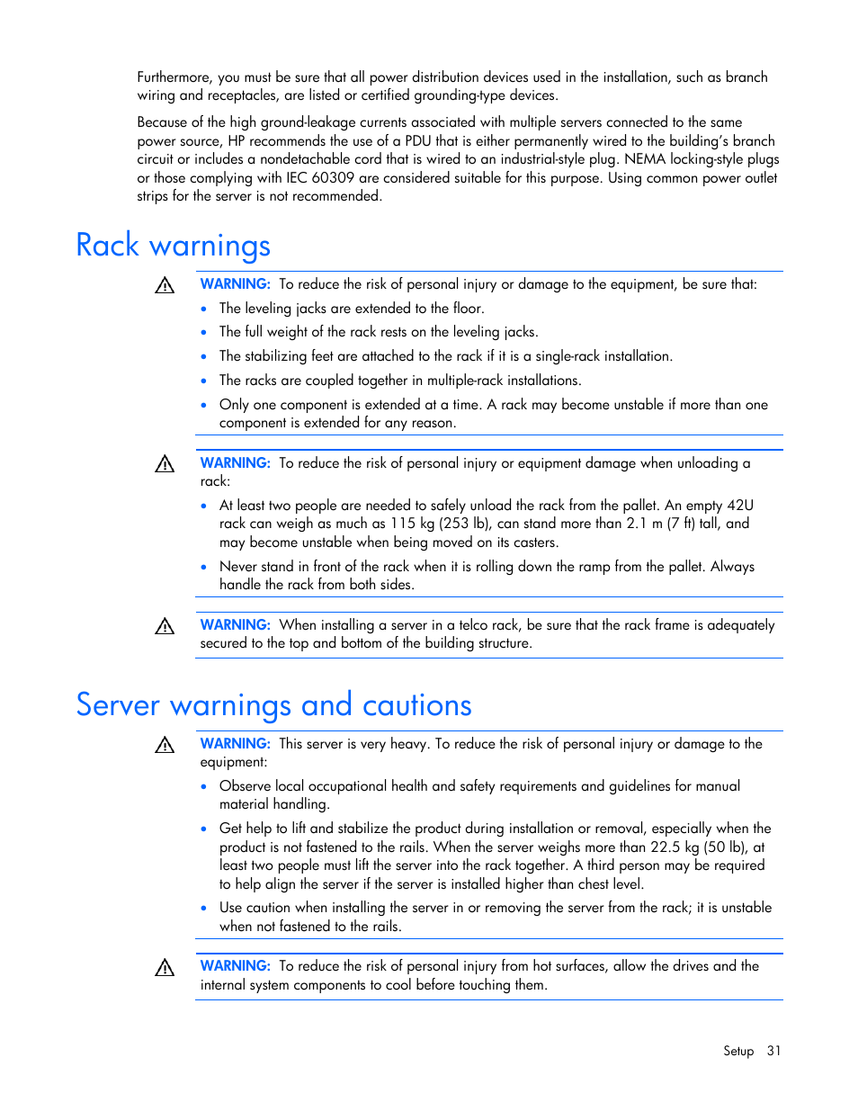 Rack warnings, Server warnings and cautions | HP ProLiant ML370 G5 Server User Manual | Page 31 / 135