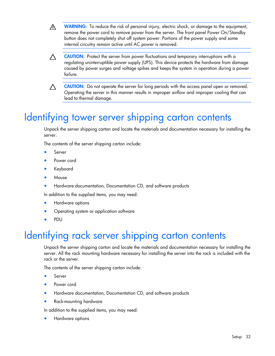 Identifying tower server shipping carton contents, Identifying rack server shipping carton contents | HP ProLiant ML370 G5 Server User Manual | Page 32 / 135