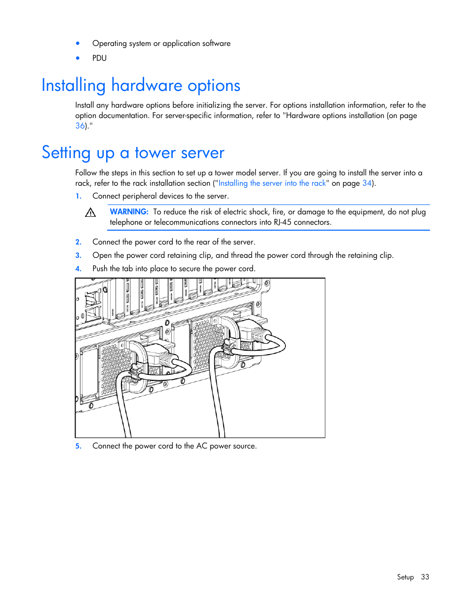 Installing hardware options, Setting up a tower server | HP ProLiant ML370 G5 Server User Manual | Page 33 / 135