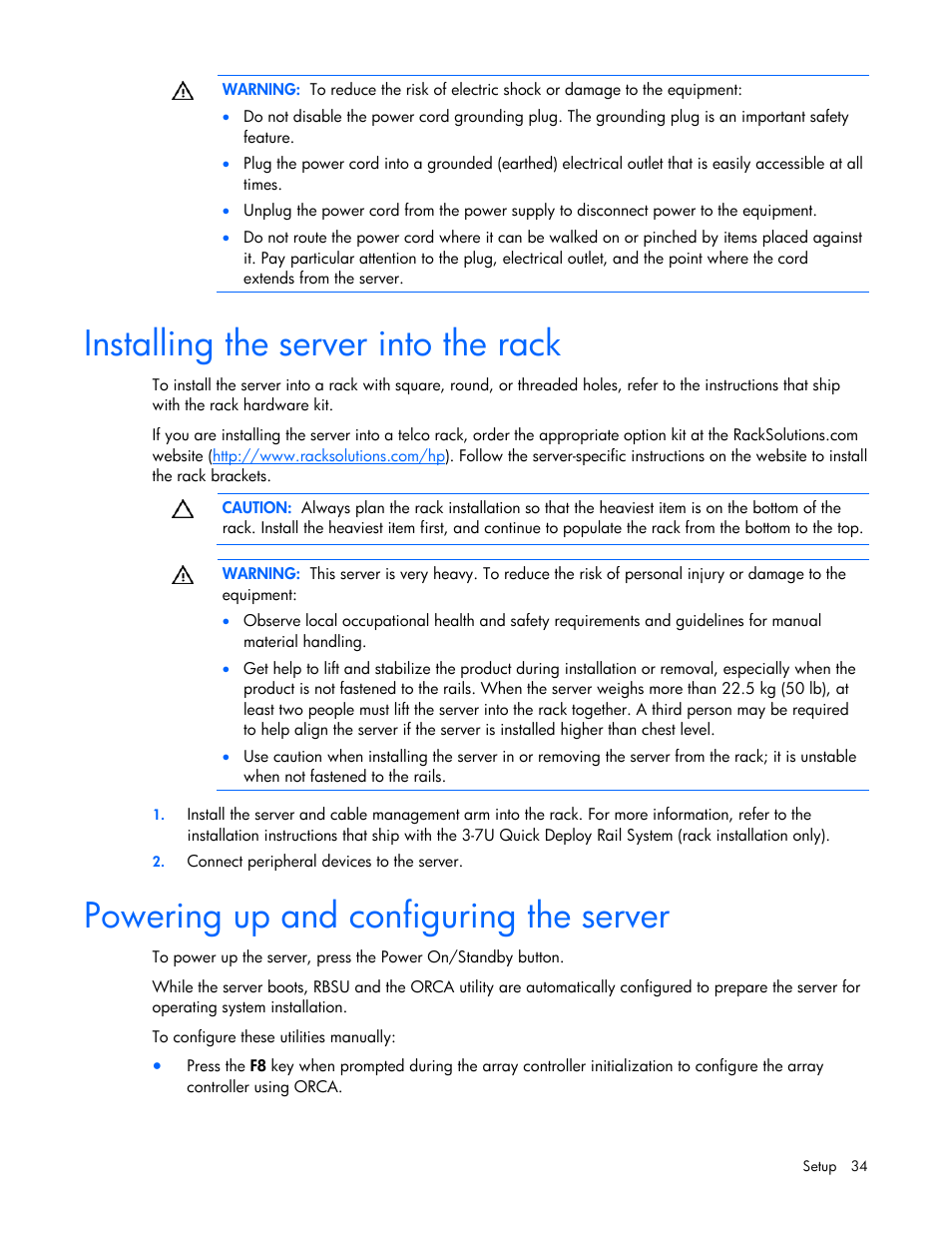 Installing the server into the rack, Powering up and configuring the server, On pa | HP ProLiant ML370 G5 Server User Manual | Page 34 / 135
