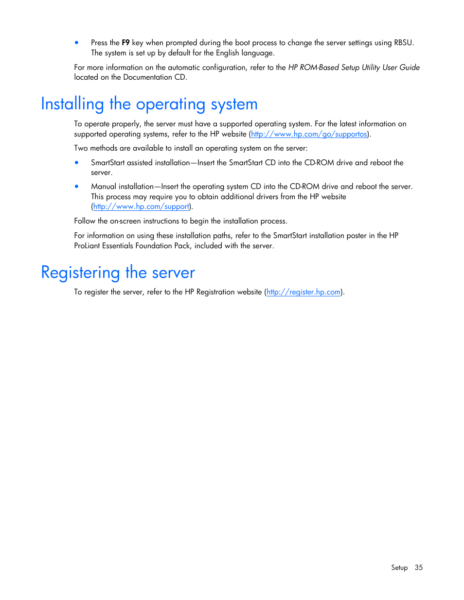 Installing the operating system, Registering the server | HP ProLiant ML370 G5 Server User Manual | Page 35 / 135