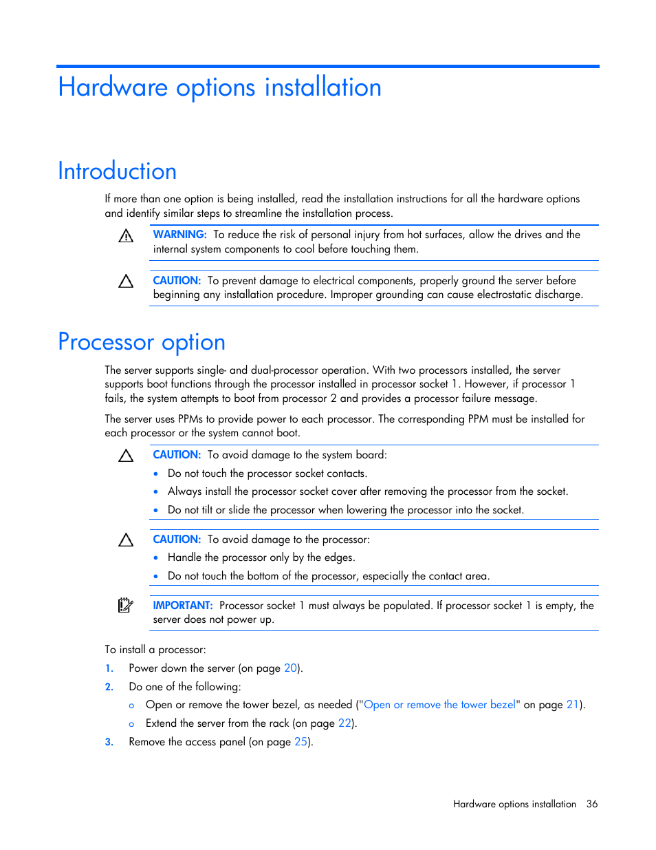 Hardware options installation, Introduction, Processor option | HP ProLiant ML370 G5 Server User Manual | Page 36 / 135