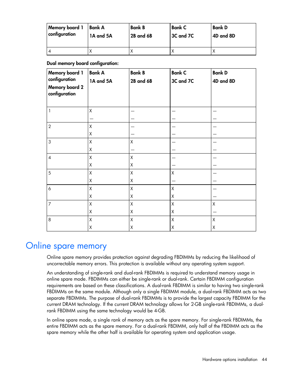 Online spare memory | HP ProLiant ML370 G5 Server User Manual | Page 44 / 135