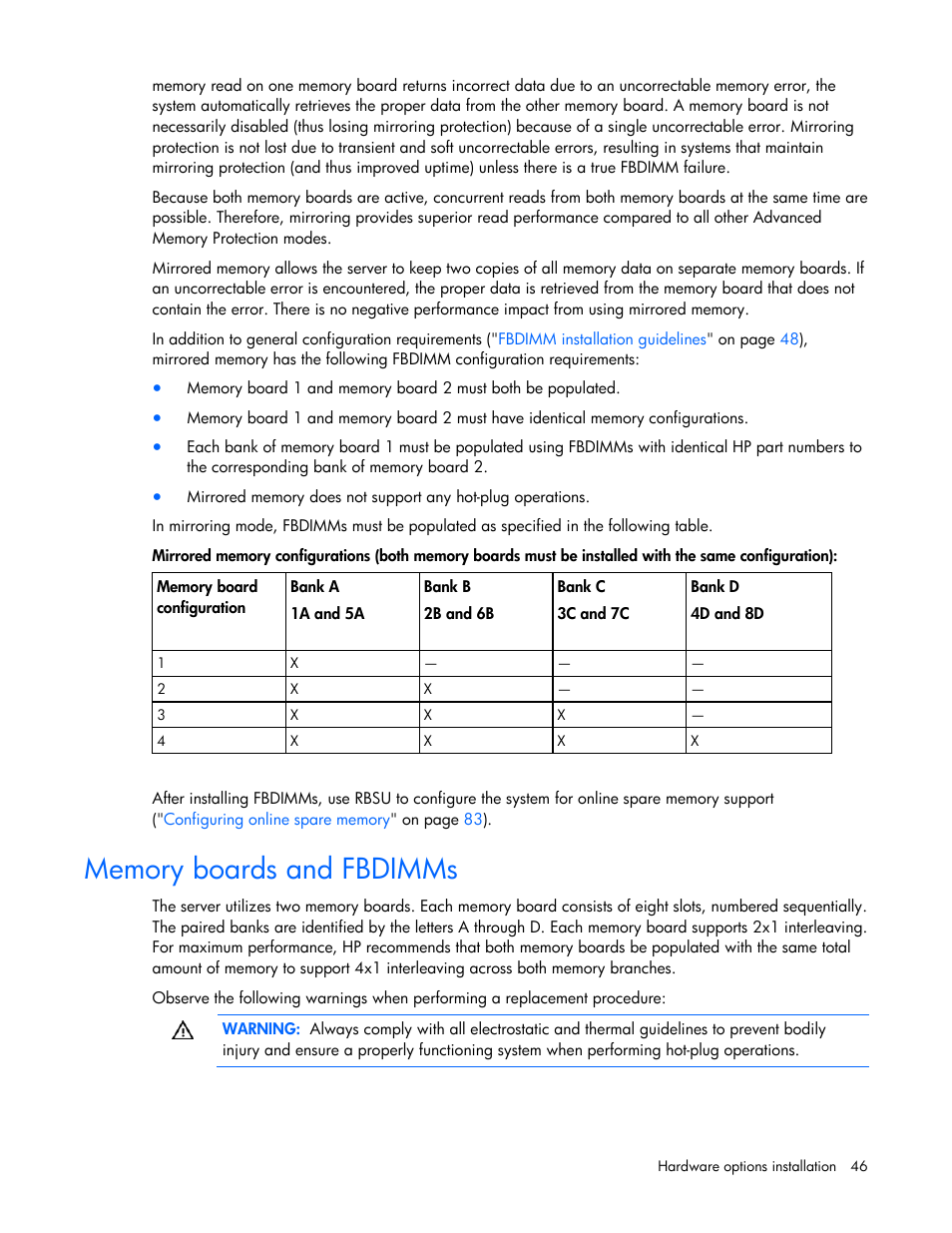 Memory boards and fbdimms | HP ProLiant ML370 G5 Server User Manual | Page 46 / 135