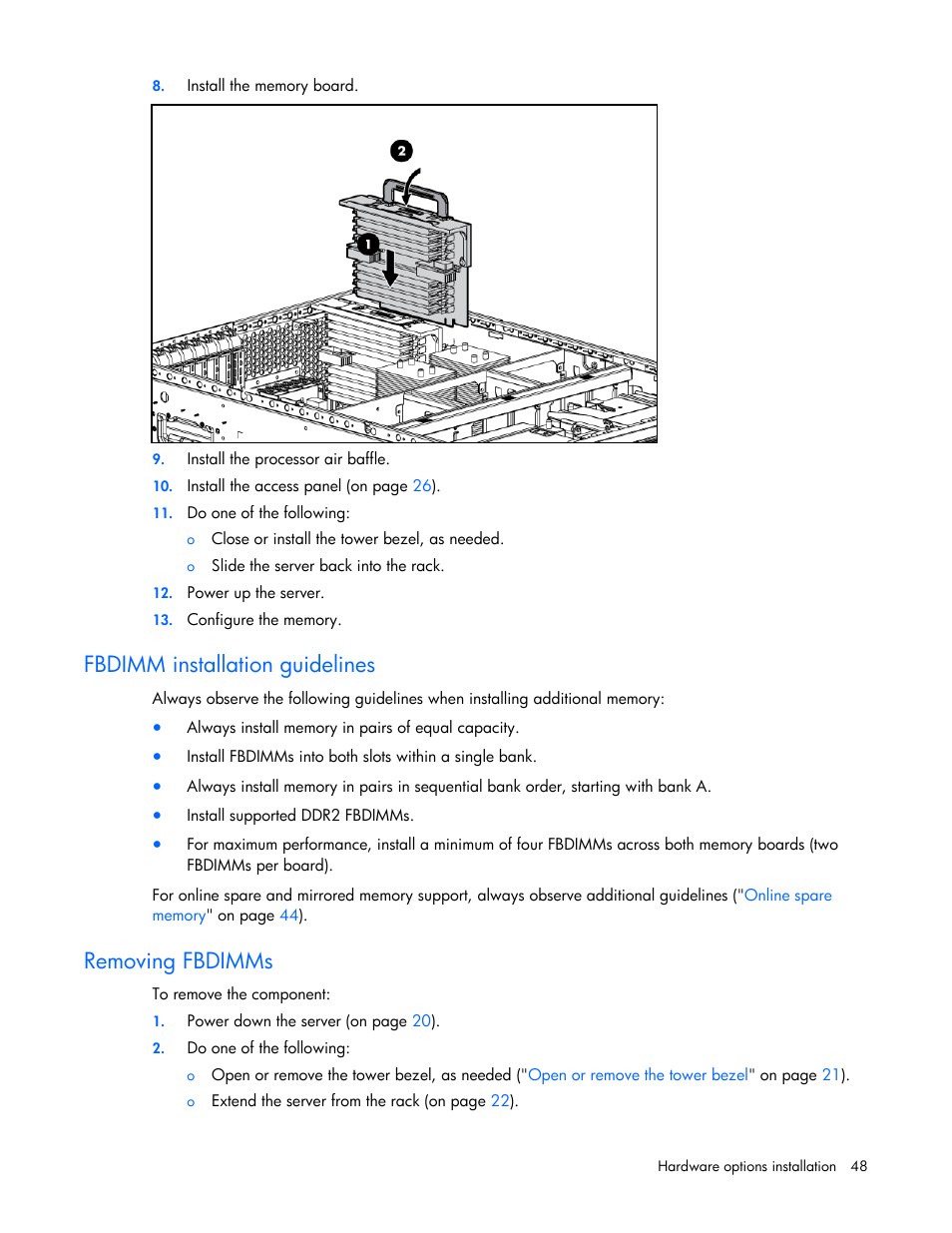 Ation requirements, Fbdimm installation guidelines, Online | Removing fbdimms | HP ProLiant ML370 G5 Server User Manual | Page 48 / 135