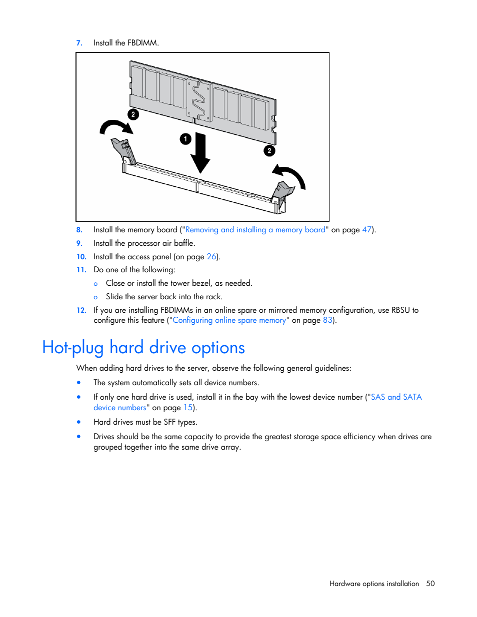 Hot-plug hard drive options | HP ProLiant ML370 G5 Server User Manual | Page 50 / 135