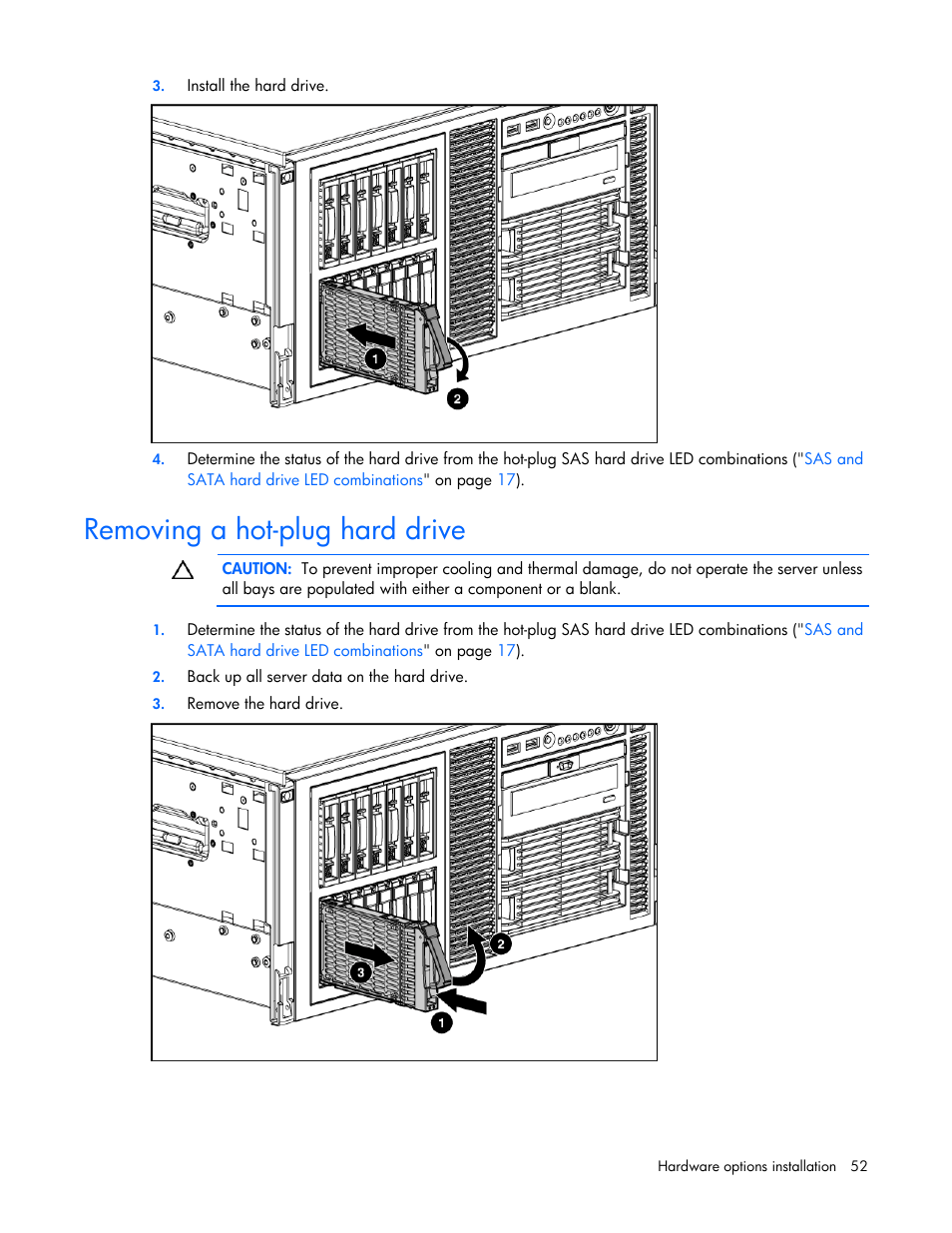 Removing a hot-plug hard drive | HP ProLiant ML370 G5 Server User Manual | Page 52 / 135