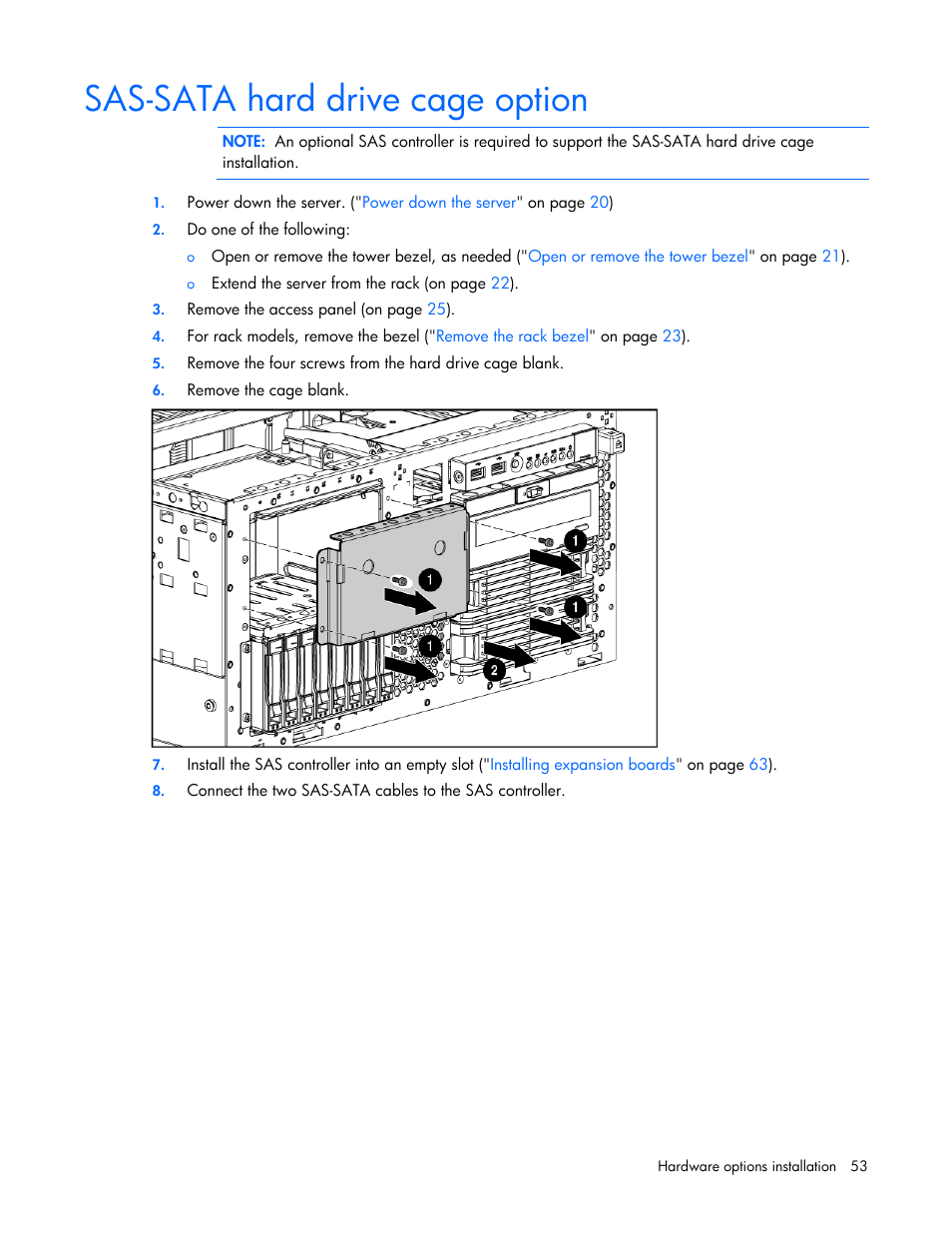 Sas-sata hard drive cage option | HP ProLiant ML370 G5 Server User Manual | Page 53 / 135