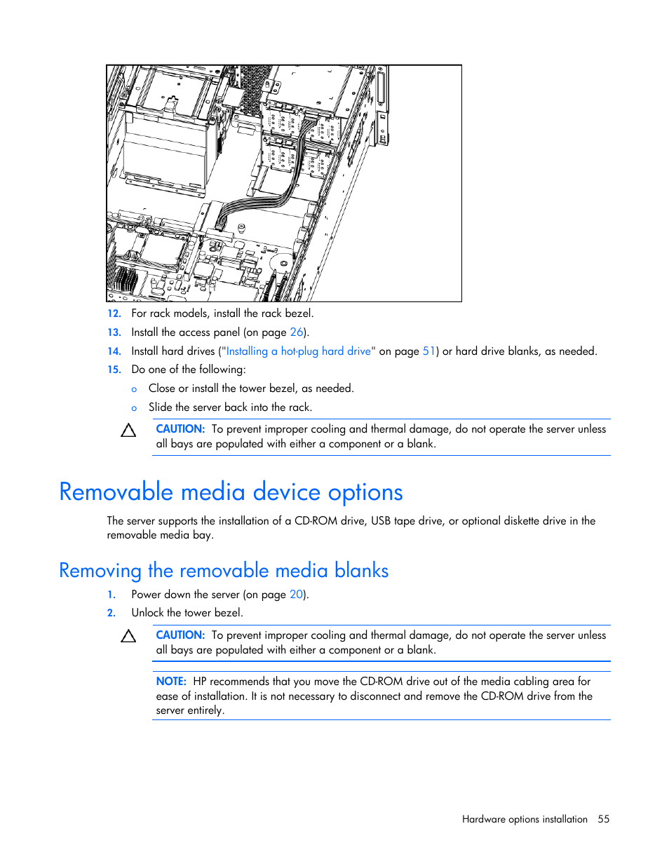 Removable media device options, Removing the removable media blanks | HP ProLiant ML370 G5 Server User Manual | Page 55 / 135