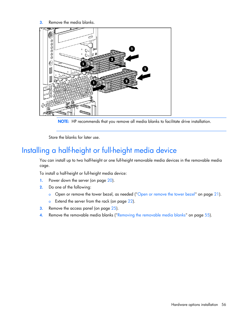 Installing a half-height or full-height media, Device | HP ProLiant ML370 G5 Server User Manual | Page 56 / 135