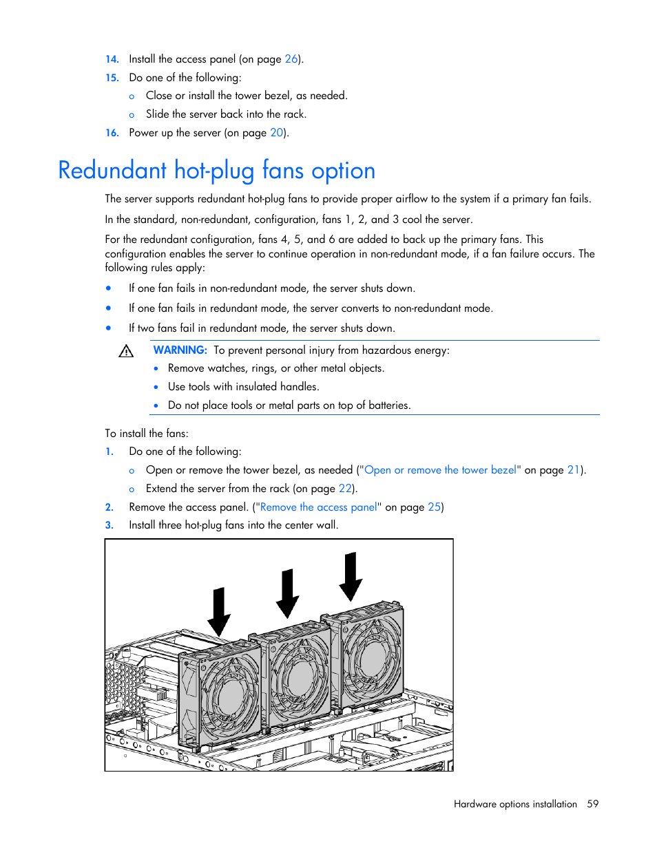 Redundant hot-plug fans option | HP ProLiant ML370 G5 Server User Manual | Page 59 / 135