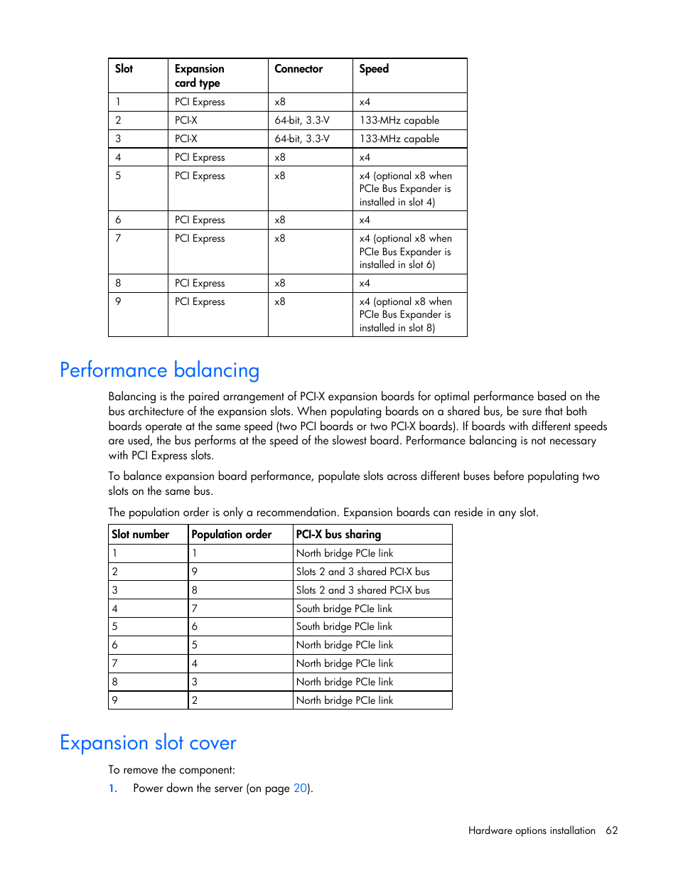 Performance balancing, Expansion slot cover | HP ProLiant ML370 G5 Server User Manual | Page 62 / 135