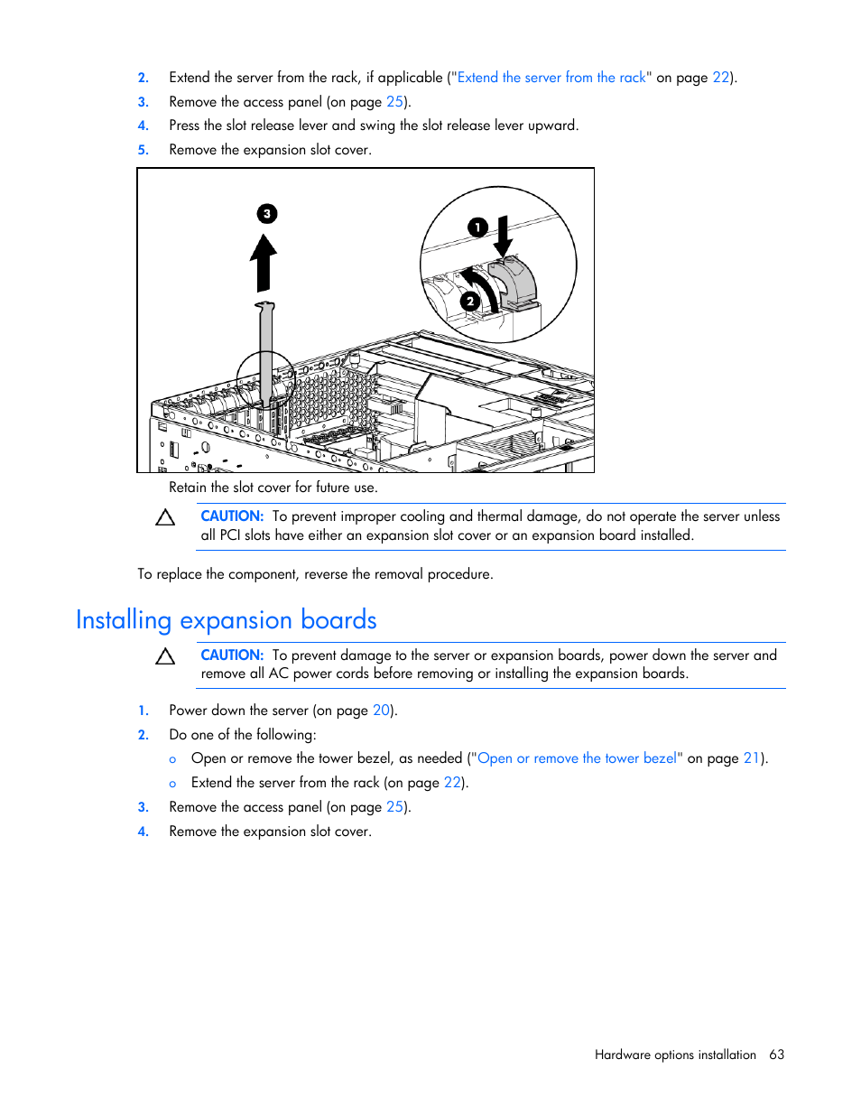 Installing expansion boards, To an empty slot | HP ProLiant ML370 G5 Server User Manual | Page 63 / 135