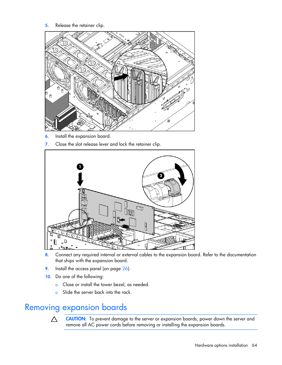 Removing expansion boards | HP ProLiant ML370 G5 Server User Manual | Page 64 / 135