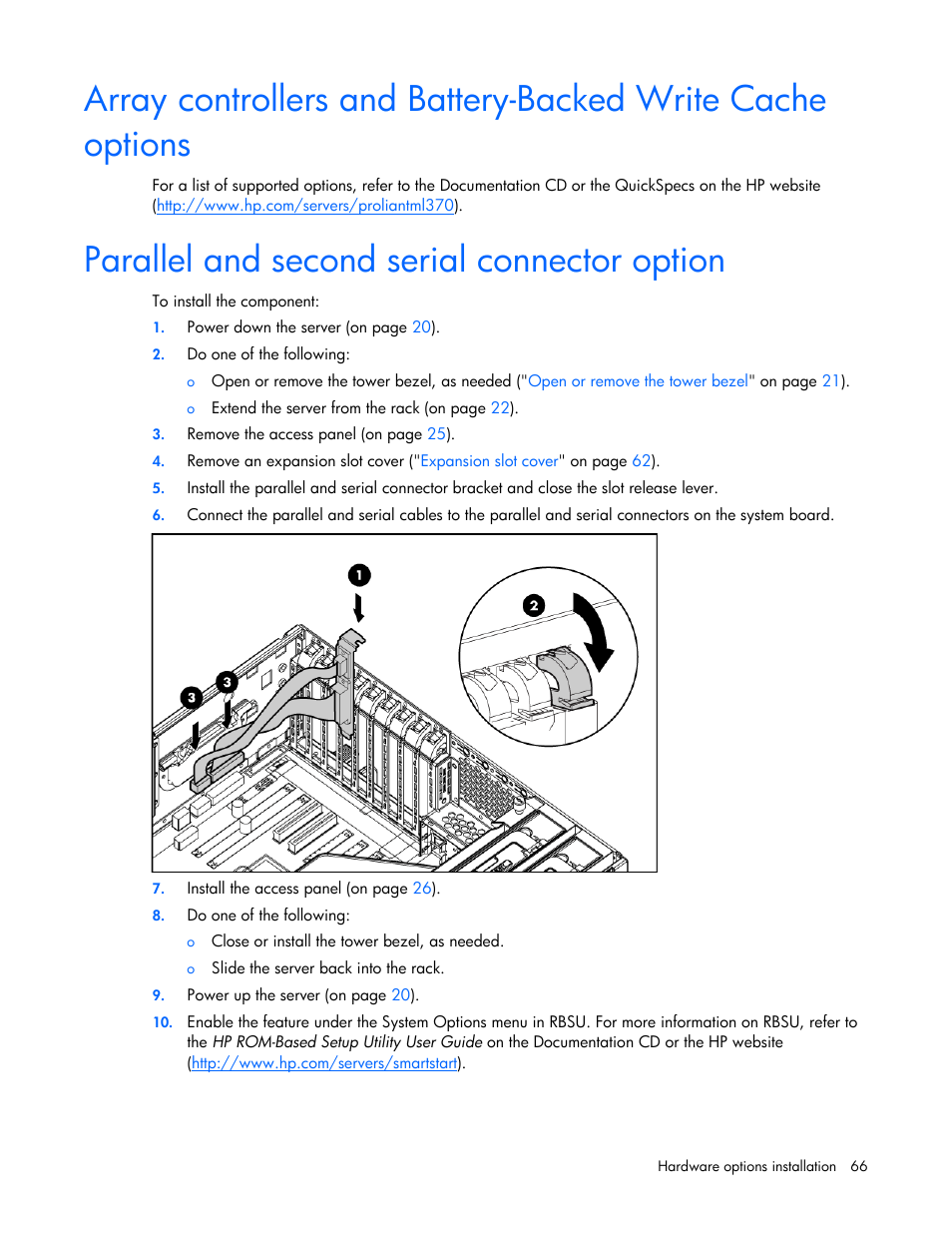 Parallel and second serial connector option | HP ProLiant ML370 G5 Server User Manual | Page 66 / 135