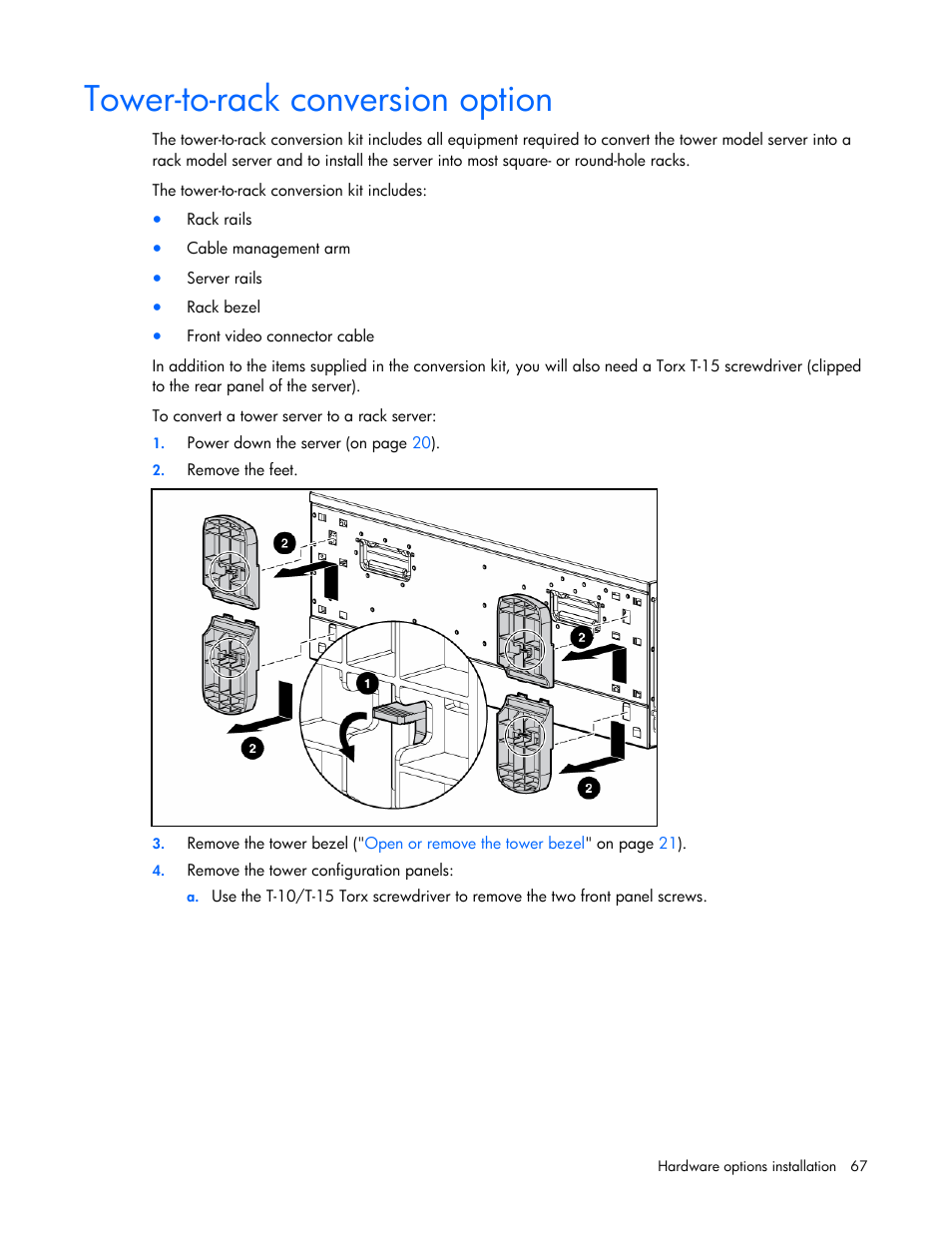 Tower-to-rack conversion option | HP ProLiant ML370 G5 Server User Manual | Page 67 / 135