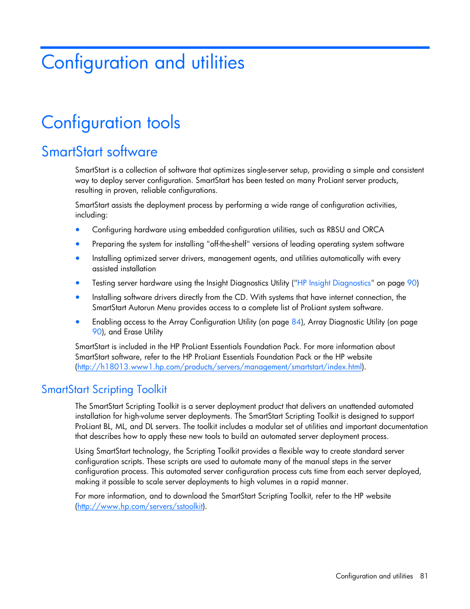 Configuration and utilities, Configuration tools, Smartstart software | Smartstart scripting toolkit | HP ProLiant ML370 G5 Server User Manual | Page 81 / 135