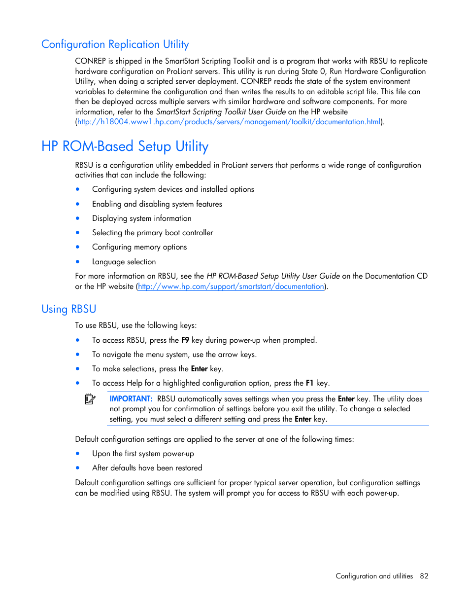 Hp rom-based setup utility, If the con, Configuration replication utility | Using rbsu | HP ProLiant ML370 G5 Server User Manual | Page 82 / 135