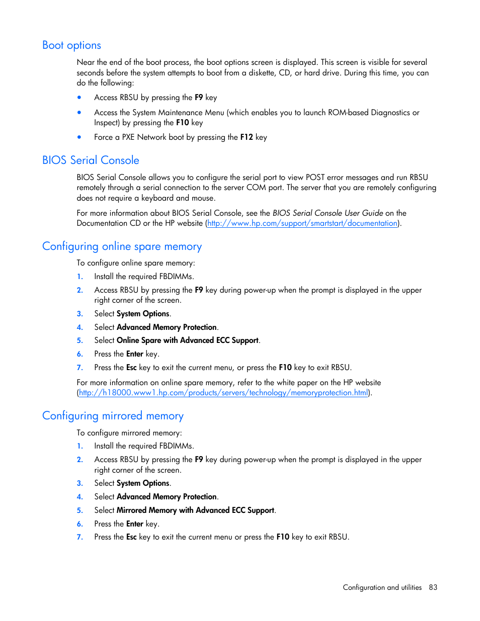 Configuring online spare memory, Boot options, Bios serial console | HP ProLiant ML370 G5 Server User Manual | Page 83 / 135