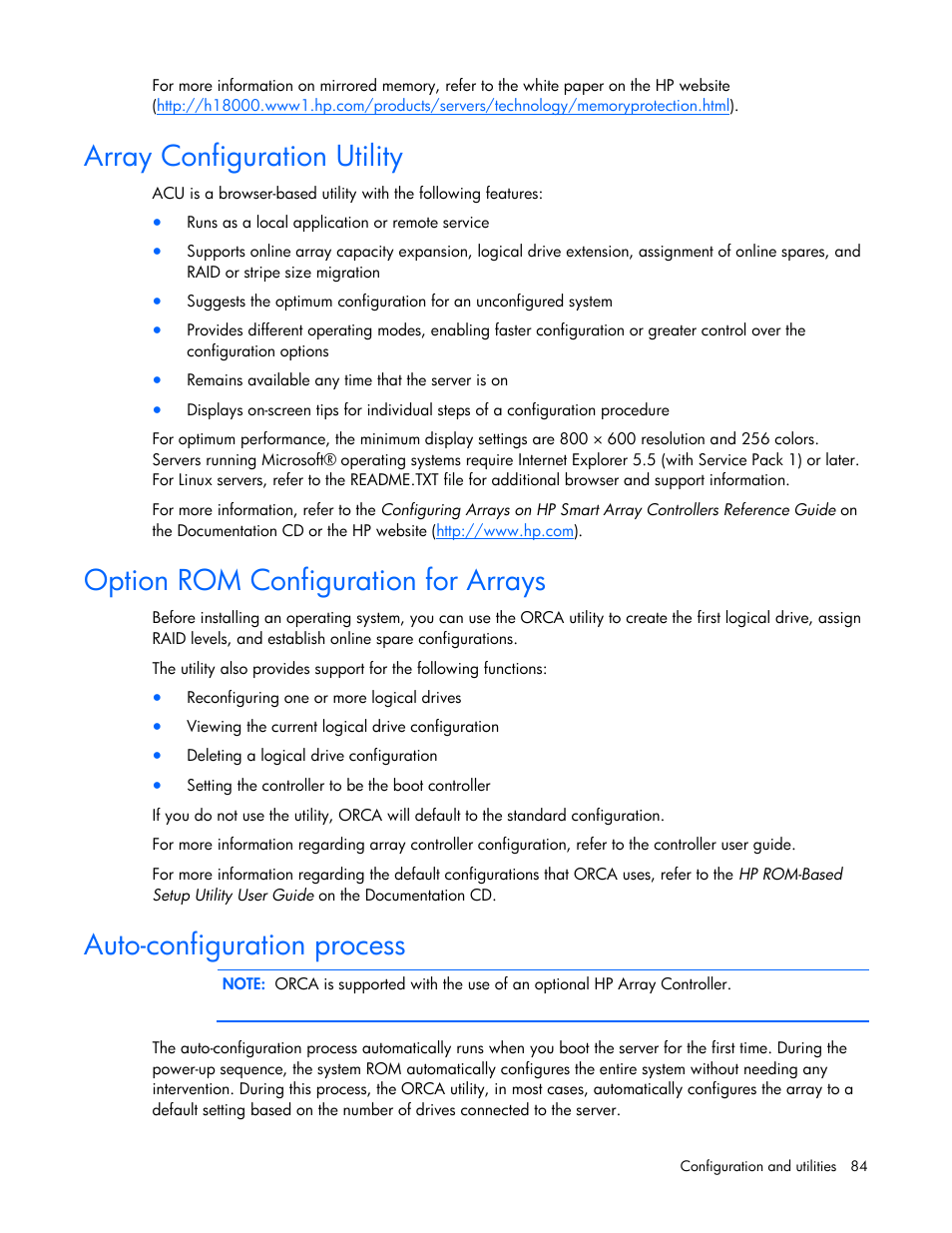 Array configuration utility, Option rom configuration for arrays, Auto-configuration process | HP ProLiant ML370 G5 Server User Manual | Page 84 / 135