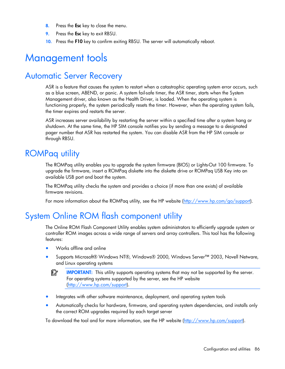 Management tools, Automatic server recovery, Rompaq utility | System online rom flash component utility | HP ProLiant ML370 G5 Server User Manual | Page 86 / 135