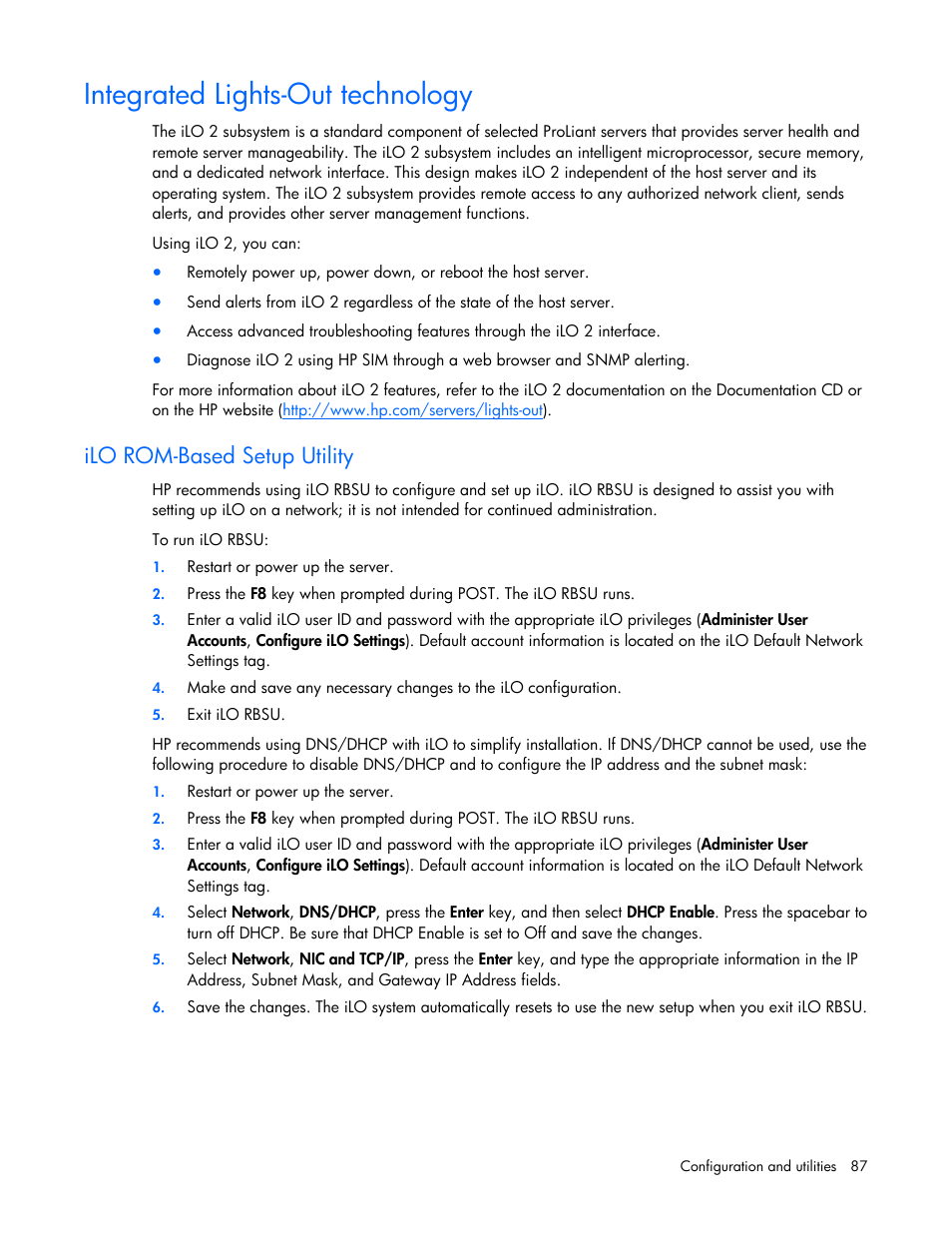 Integrated lights-out technology, Ilo rom-based setup utility | HP ProLiant ML370 G5 Server User Manual | Page 87 / 135