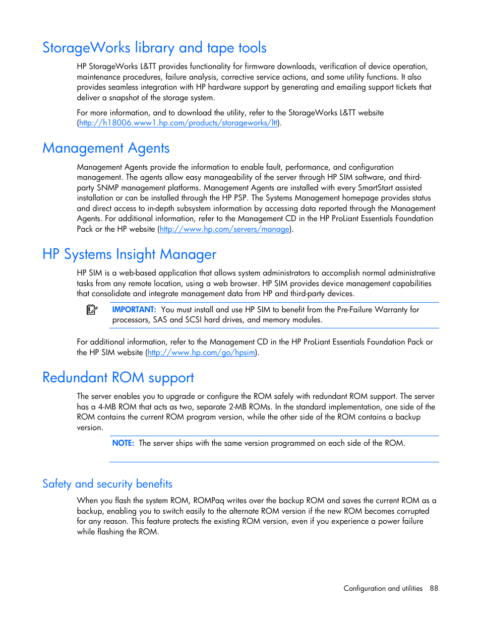 Storageworks library and tape tools, Management agents, Hp systems insight manager | Redundant rom support, Safety and security benefits | HP ProLiant ML370 G5 Server User Manual | Page 88 / 135