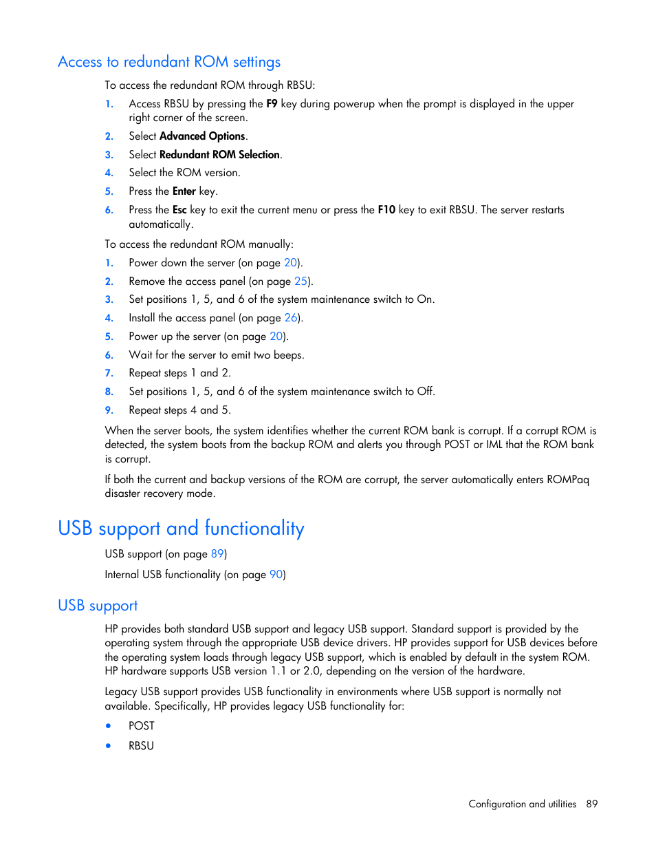 Usb support and functionality, Access to redundant rom settings, Usb support | HP ProLiant ML370 G5 Server User Manual | Page 89 / 135