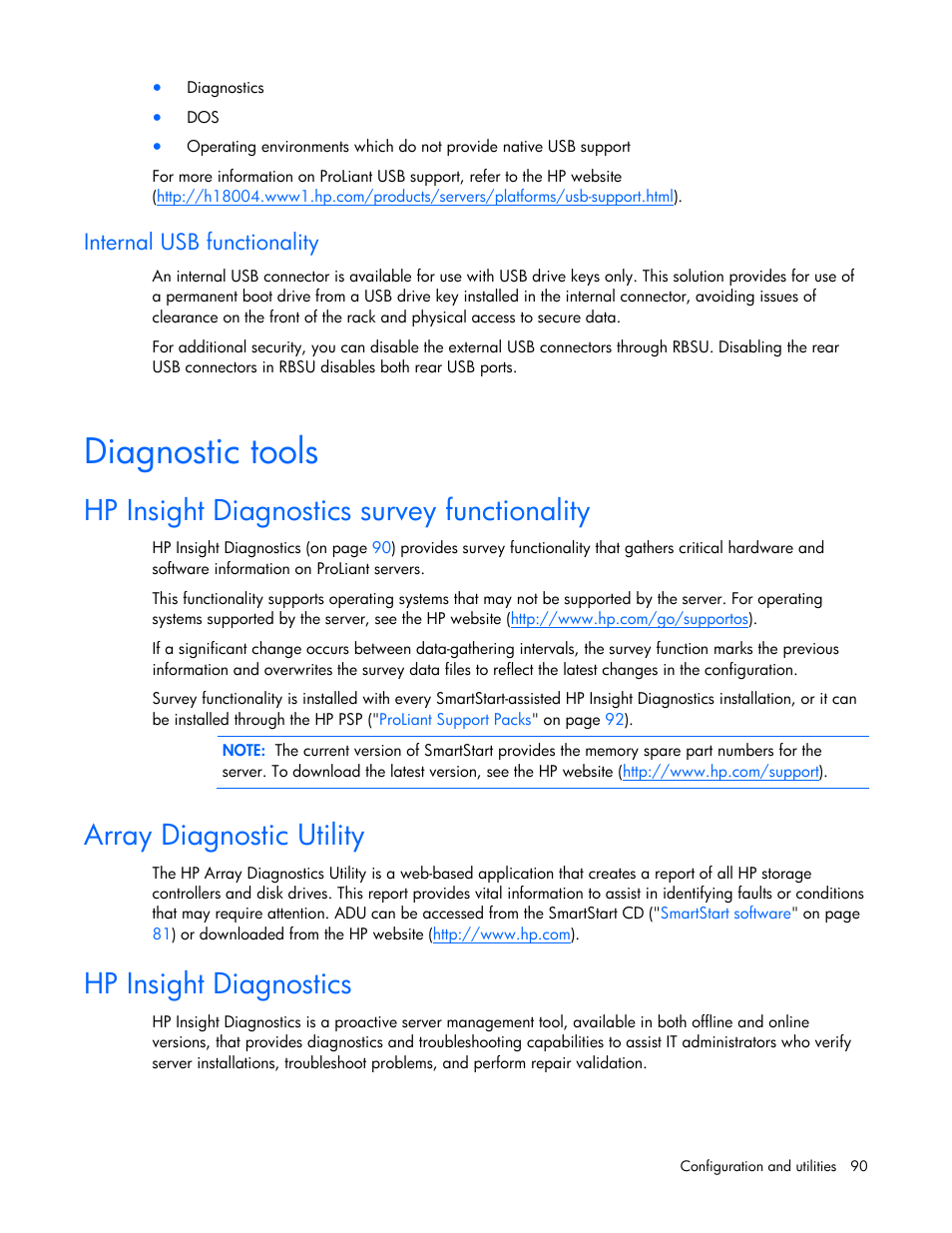 Diagnostic tools, Hp insight diagnostics survey functionality, Array diagnostic utility | Hp insight diagnostics, S utility, And erase utility, Internal usb functionality | HP ProLiant ML370 G5 Server User Manual | Page 90 / 135