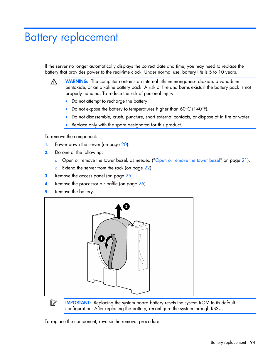 Battery replacement | HP ProLiant ML370 G5 Server User Manual | Page 94 / 135